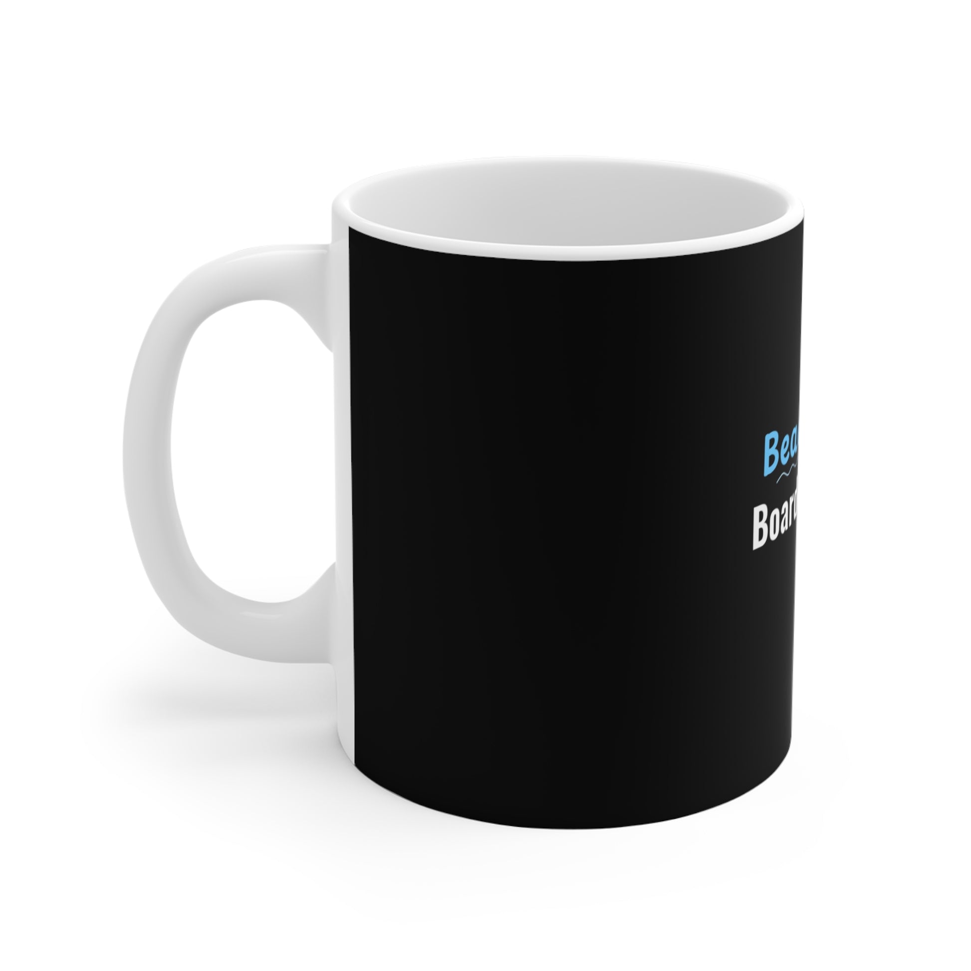 left side of 'Vacation Mindset Coffee Mug' with text 'Beach Brain, Boardroom Body' and handle on a white background