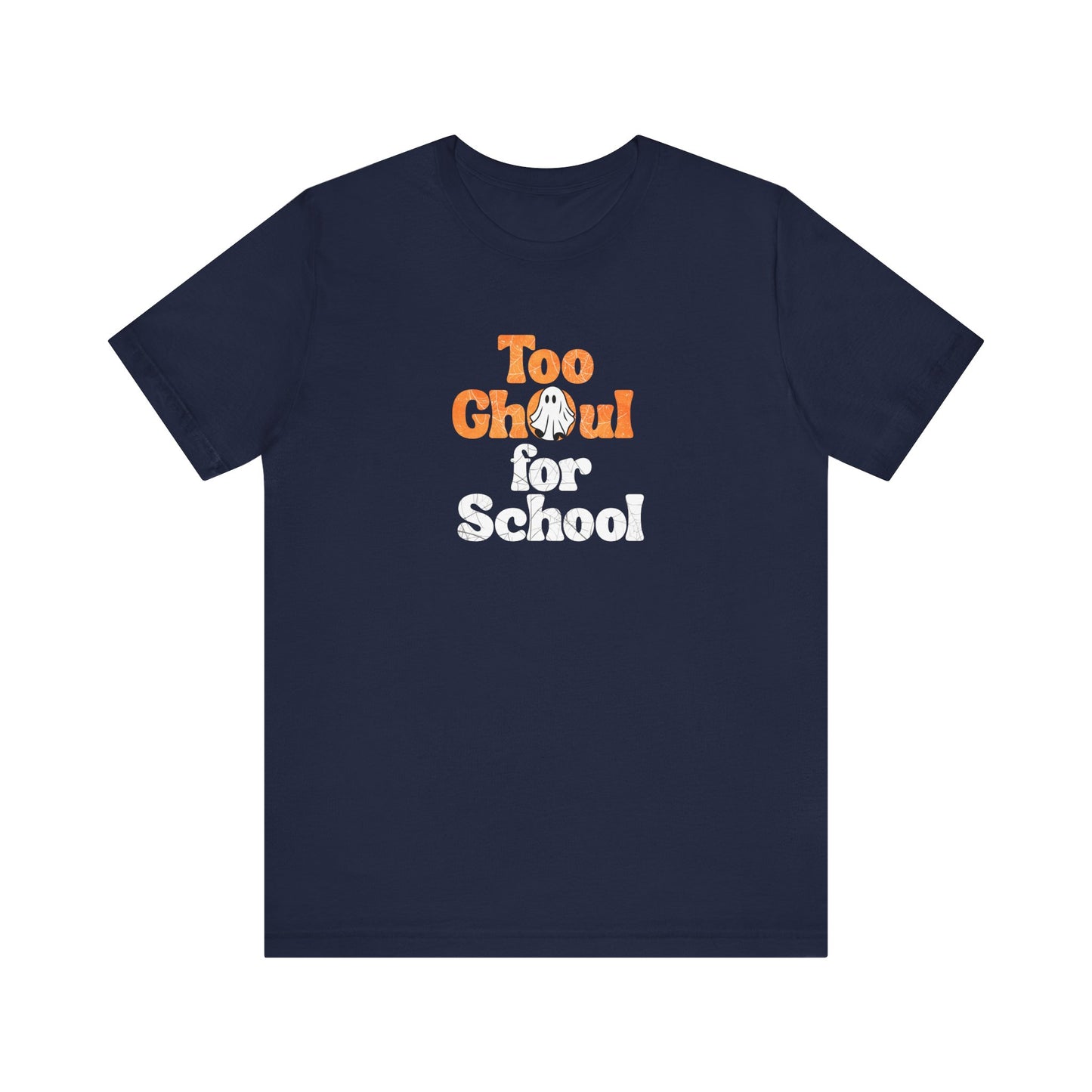 Navy blue t-shirt with 'Too Ghoul for School' text and ghost graphic on a white background