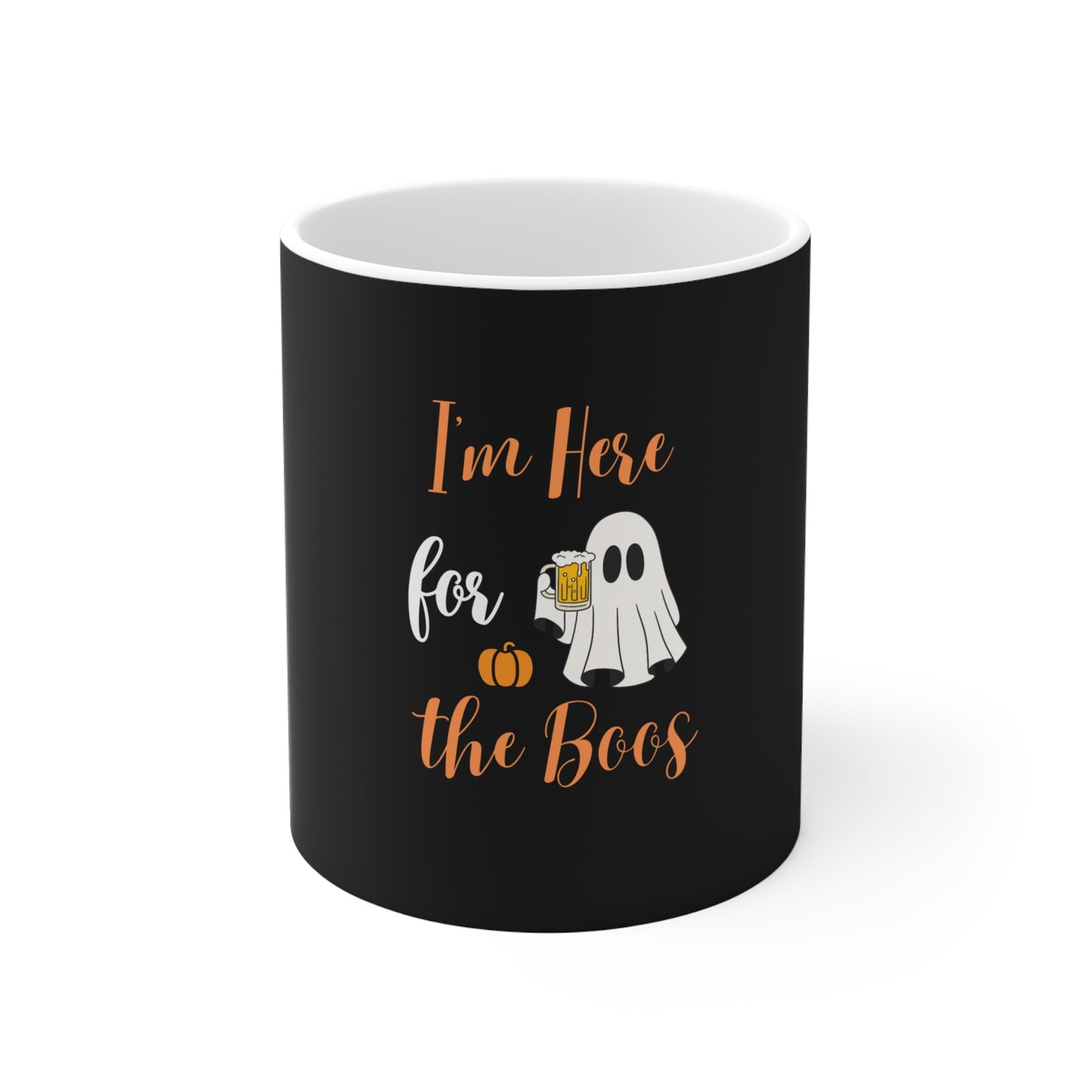 Black mug with text 'I’m Here for the Boos' on a white background