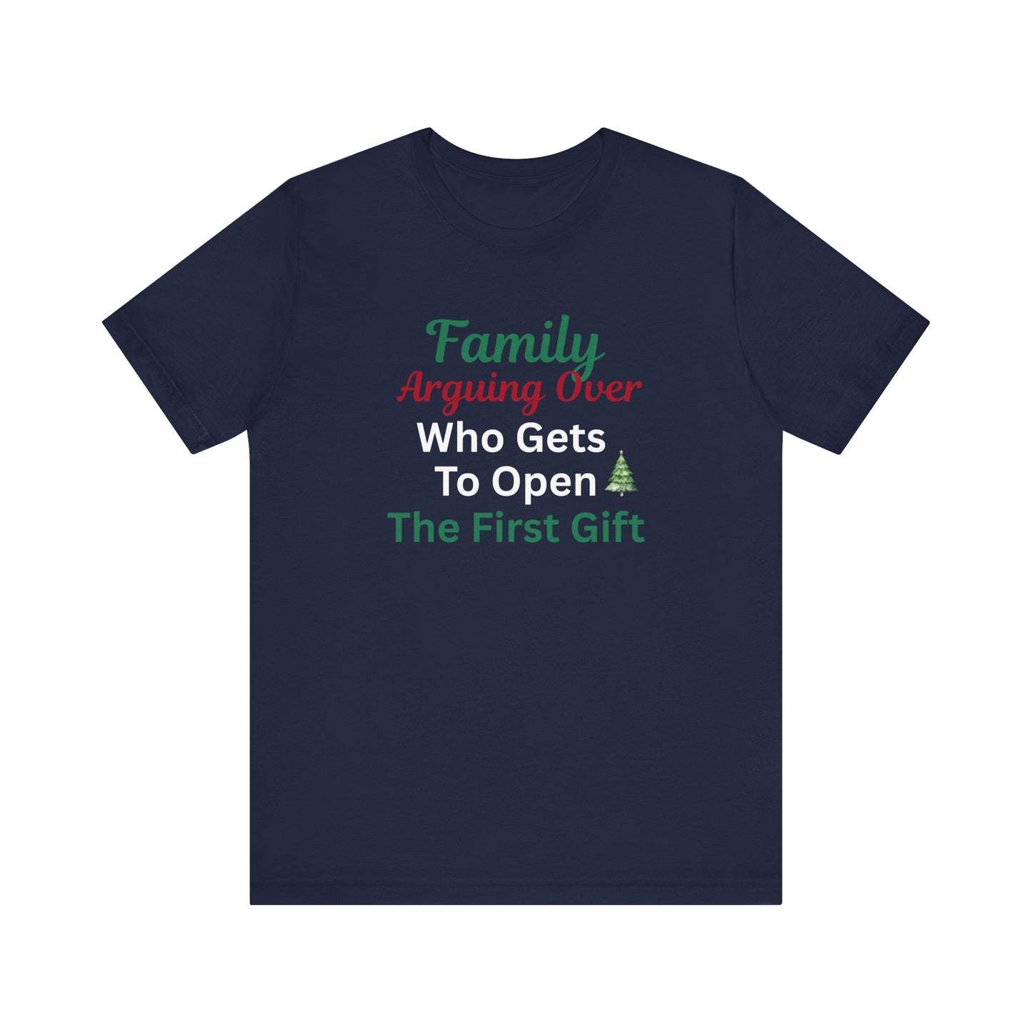 Navy blue t-shirt with humorous Christmas text design on a white background