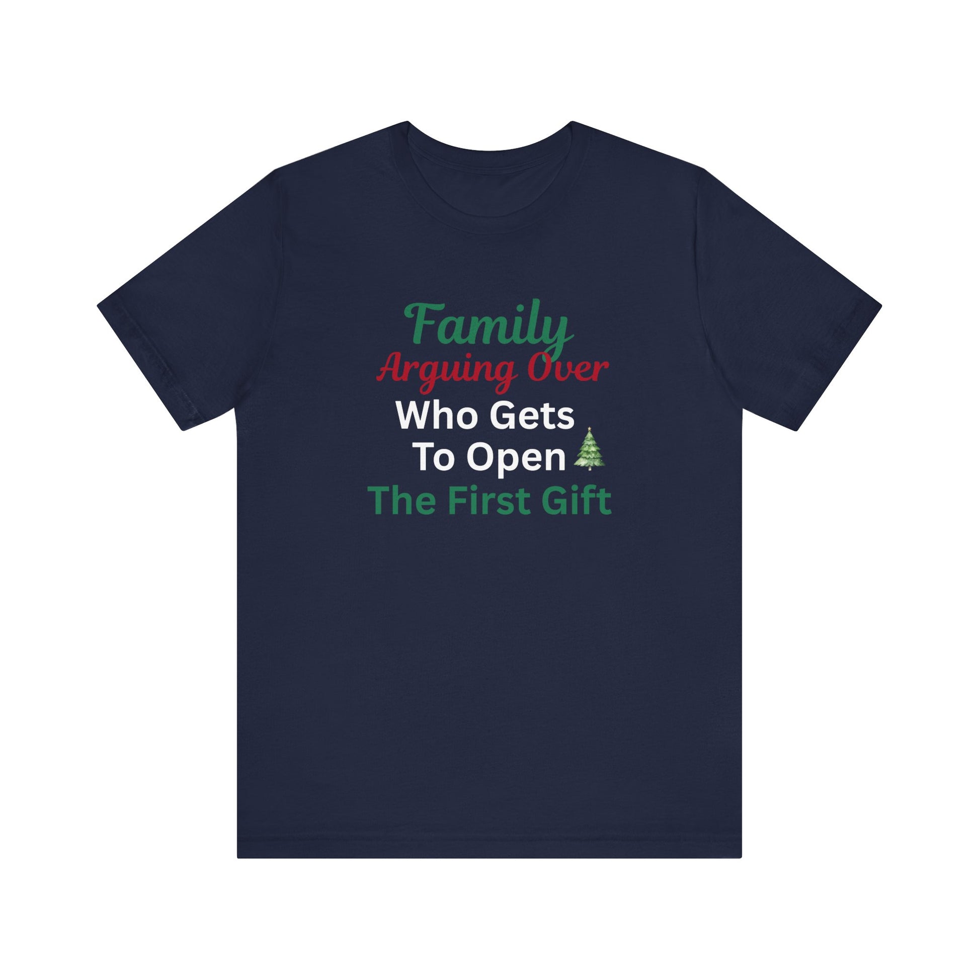 Navy blue t-shirt with humorous Christmas text design on a white background
