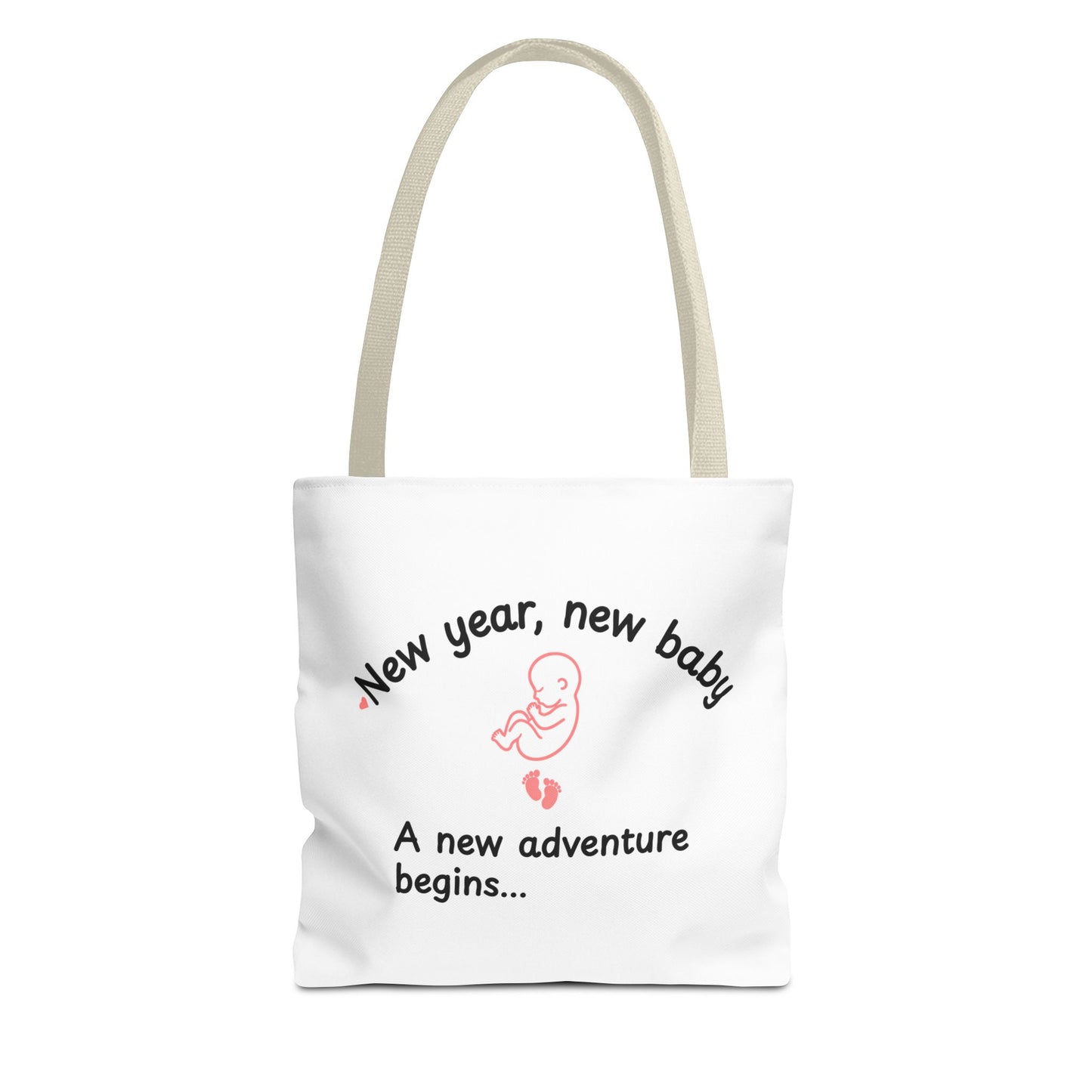A white tote bag with beige handle featuring the text 'New year, new baby. A new adventure begins...' on white background