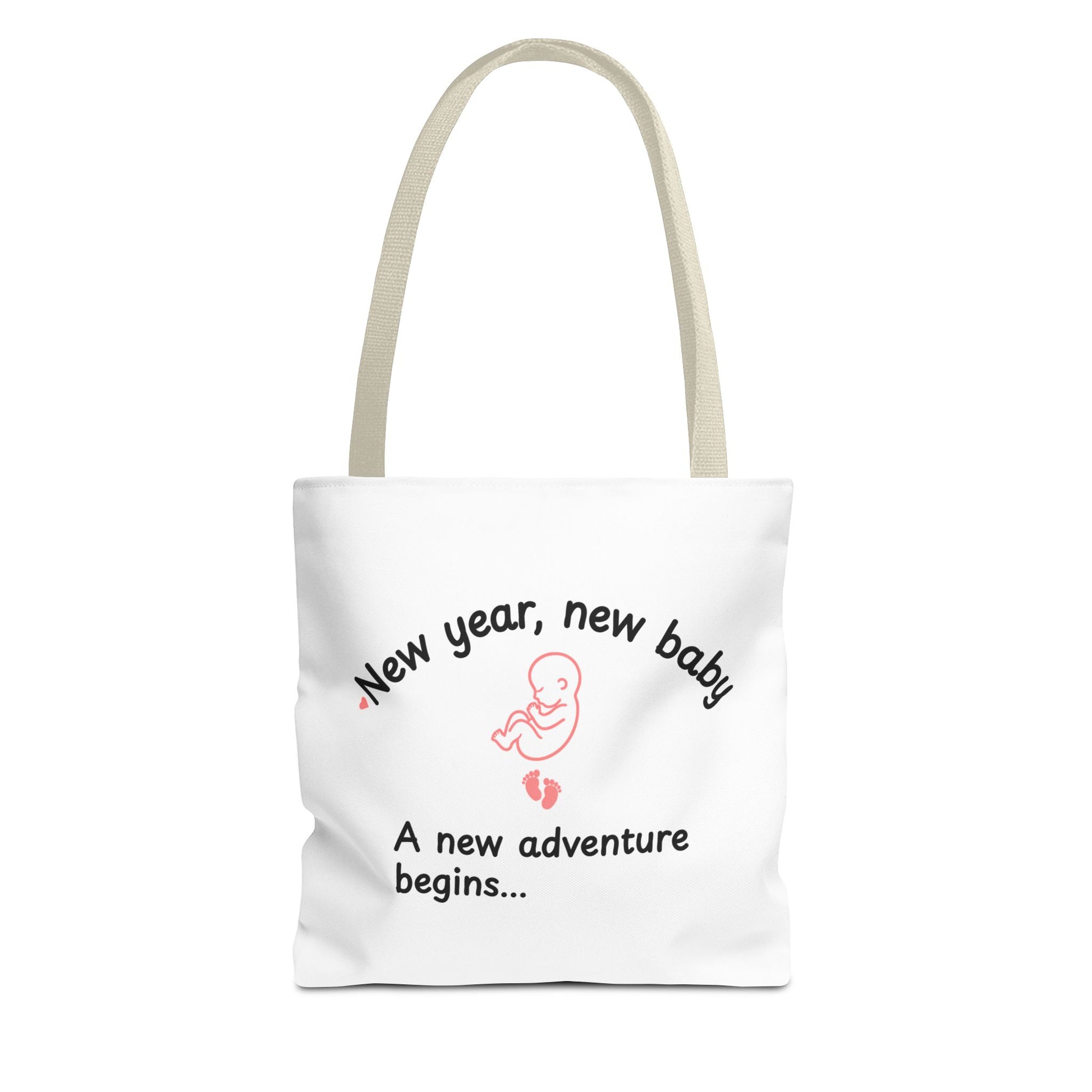 A white tote bag with beige handle featuring the text 'New year, new baby. A new adventure begins...' on white background
