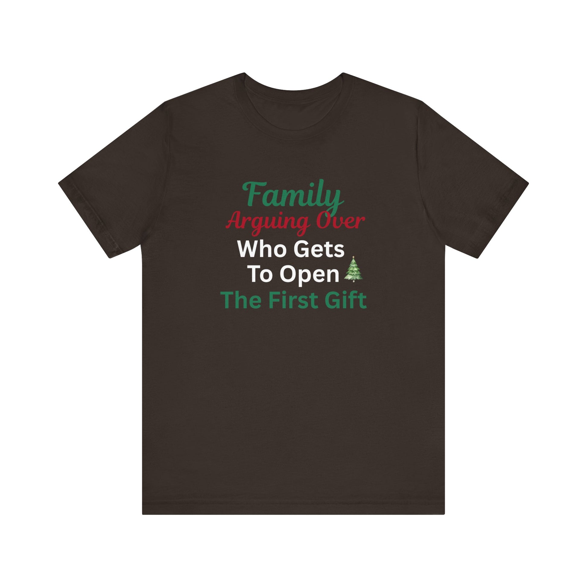 Brown t-shirt with humorous Christmas text design on a white background