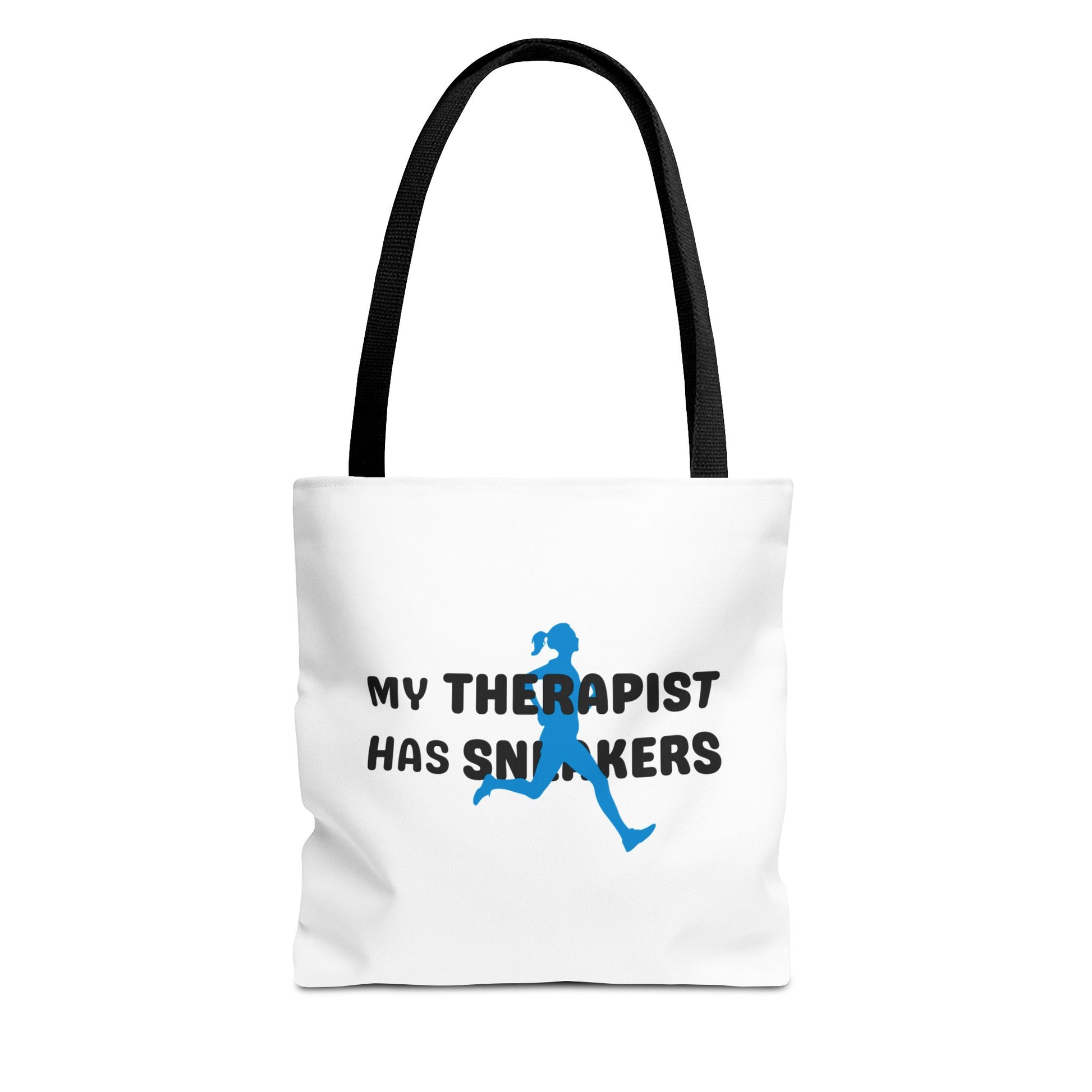 Tote bag with black handle and text 'My Therapist Has Sneakers' on a white background