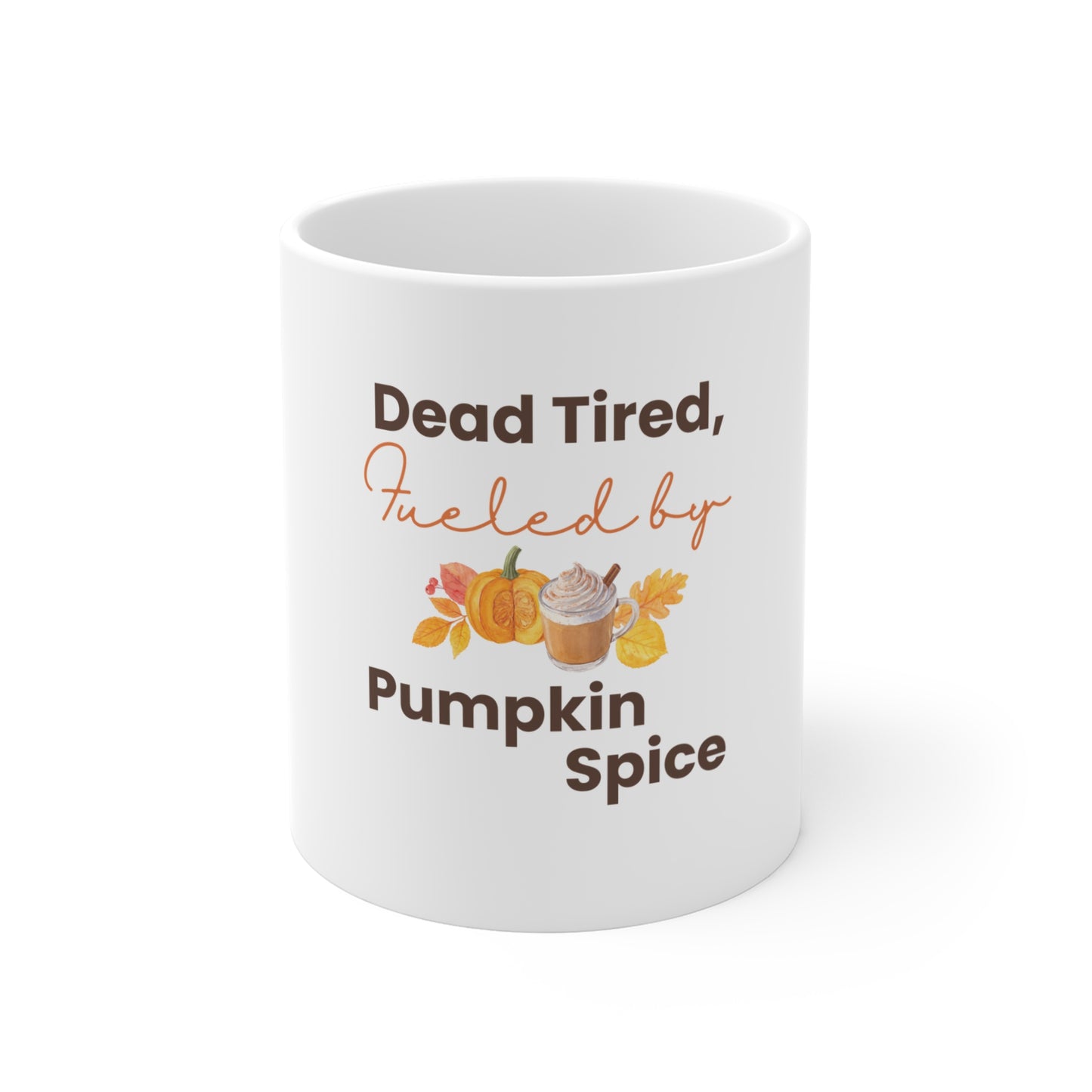 White mug with pumpkin spice-themed text and graphics on a white background