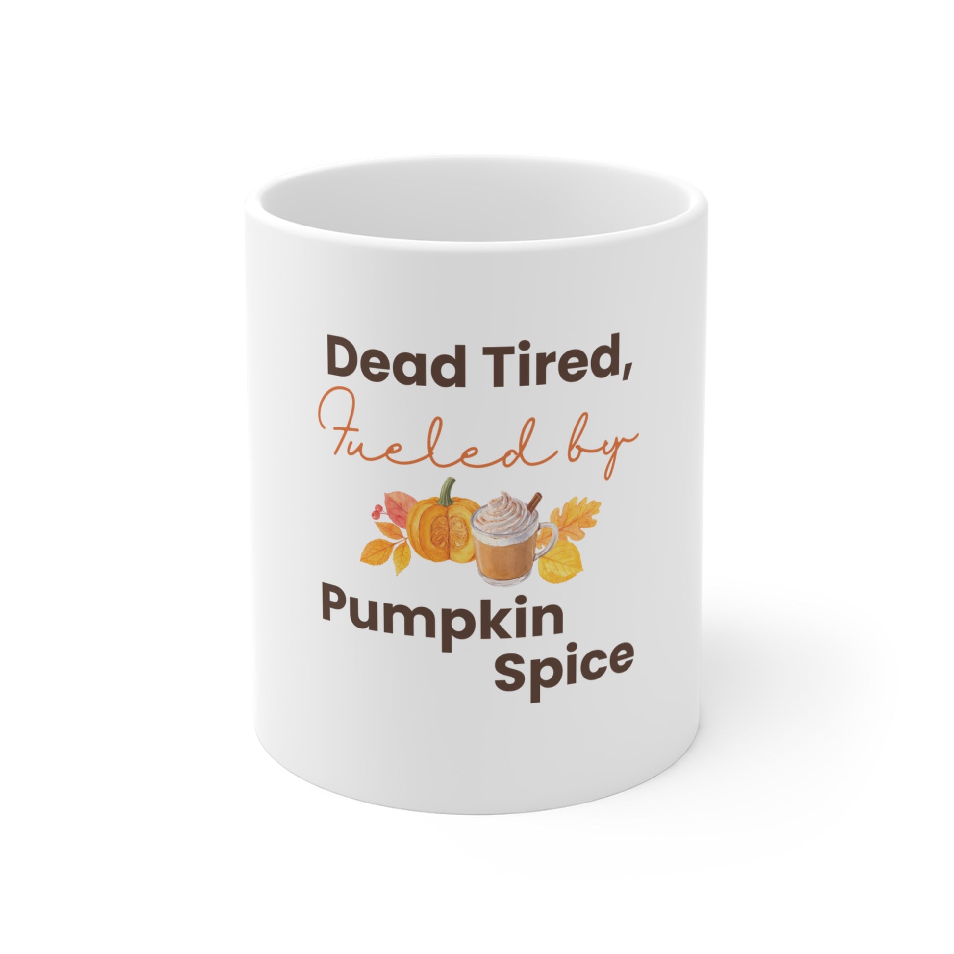 White mug with pumpkin spice-themed text and graphics on a white background