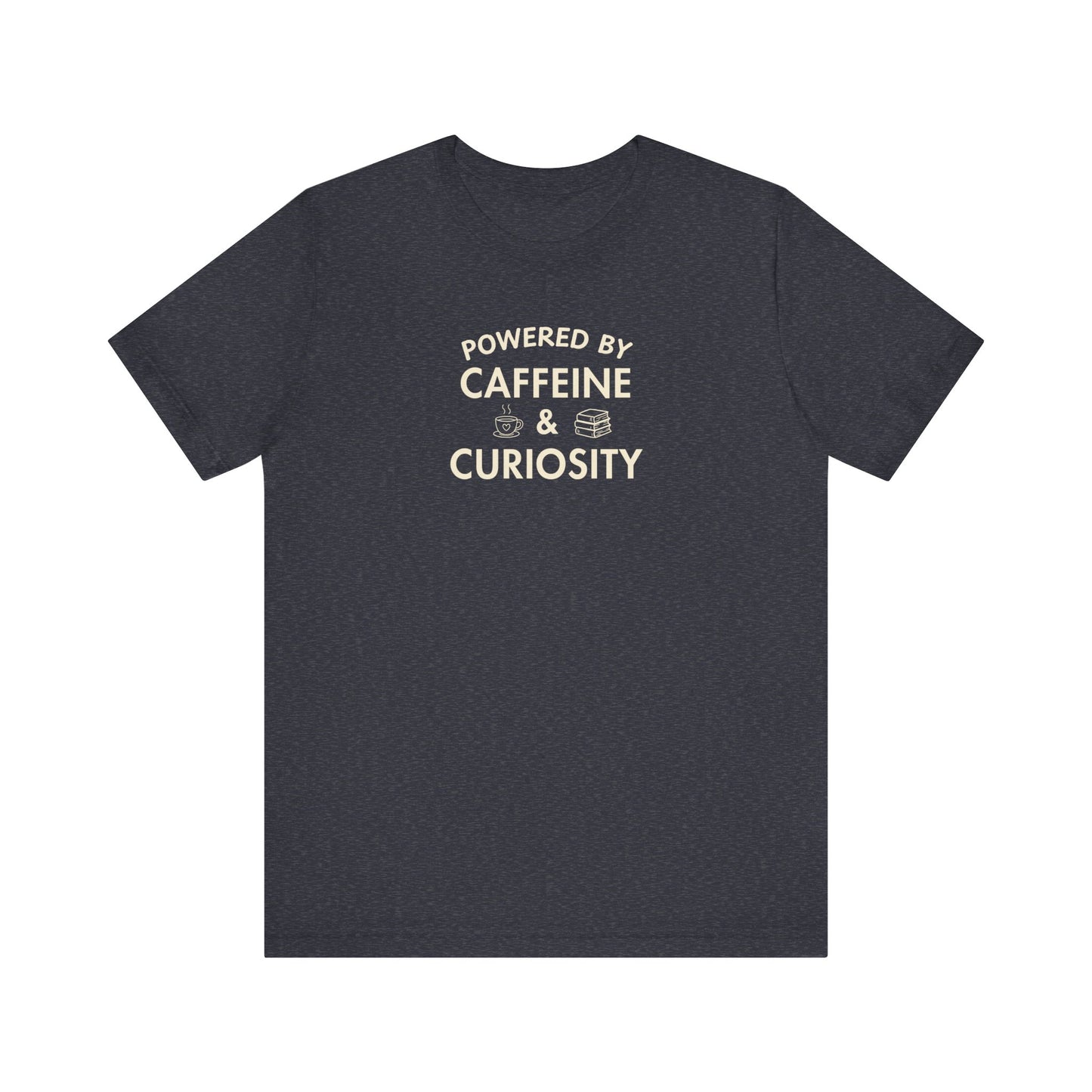 Heather navy t-shirt with text 'Powered by Caffeine & Curiosity' on a white background