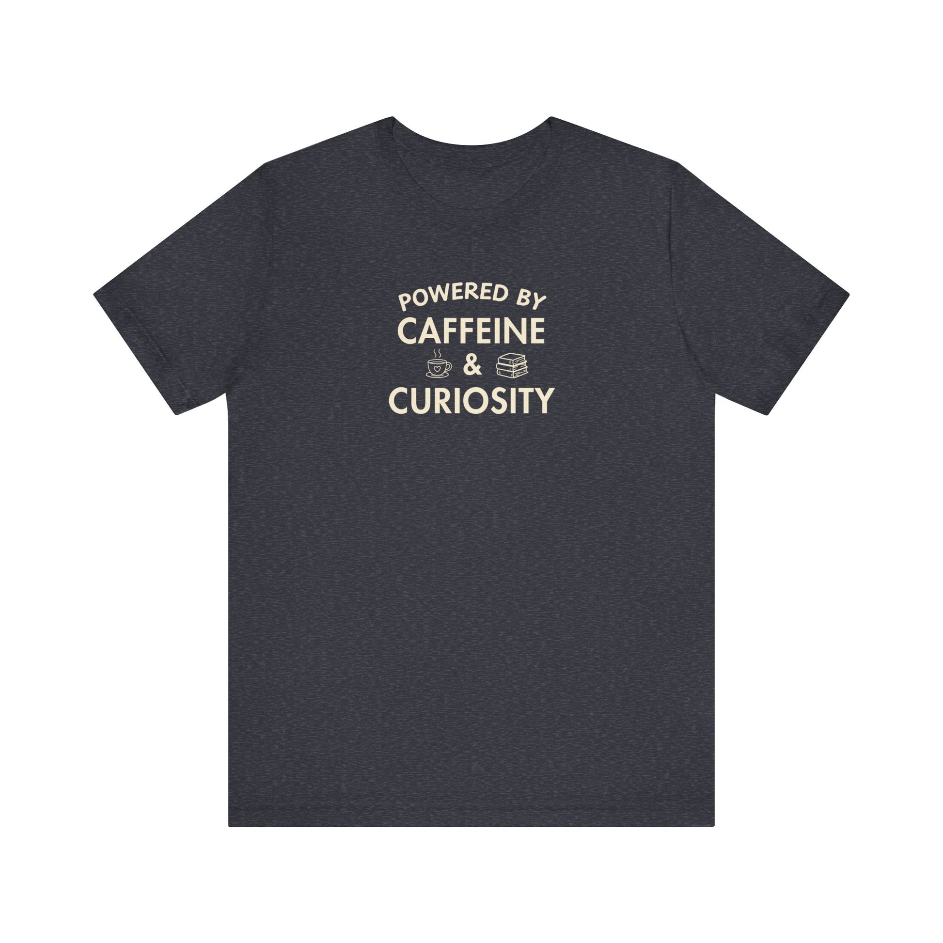 Heather navy t-shirt with text 'Powered by Caffeine & Curiosity' on a white background
