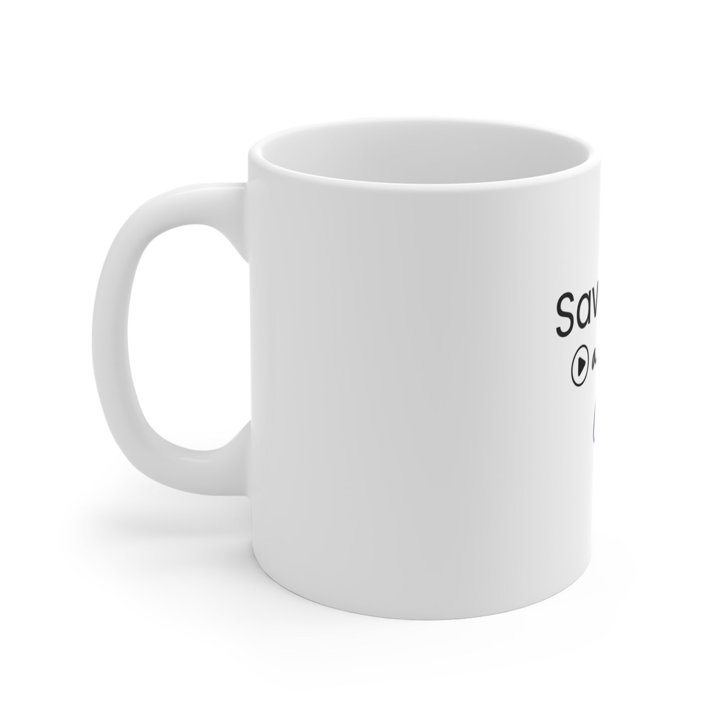 Left side view of white mug with text 'Savasana and Chill' on a white background