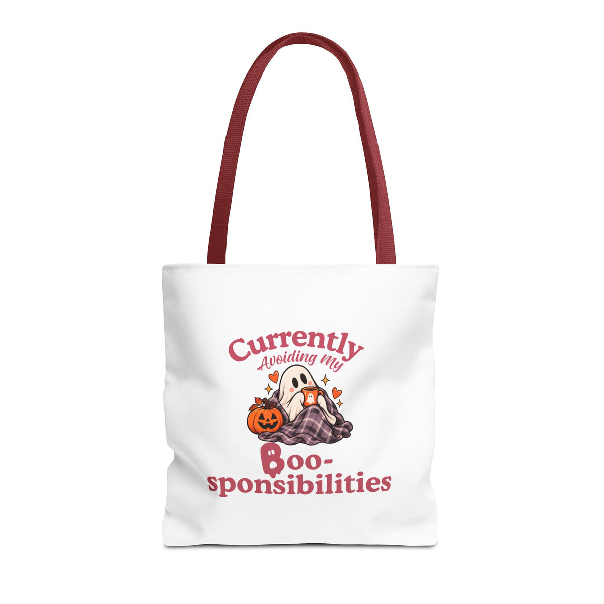 A white canvas tote bag with red shoulder straps, featuring a Halloween graphic of a ghost in a plaid blanket with the text 'Currently Avoiding My Boo-sponsibilities' in pink lettering.