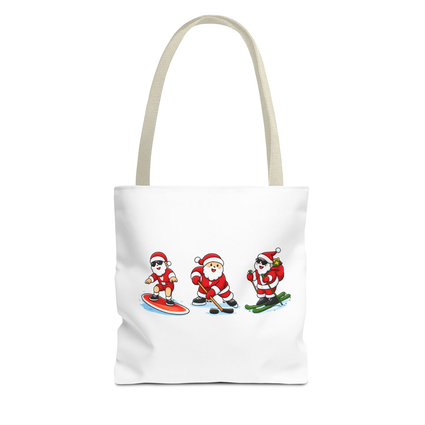 Tote bag with beige handle and cartoon Santa Claus designs on a white background
