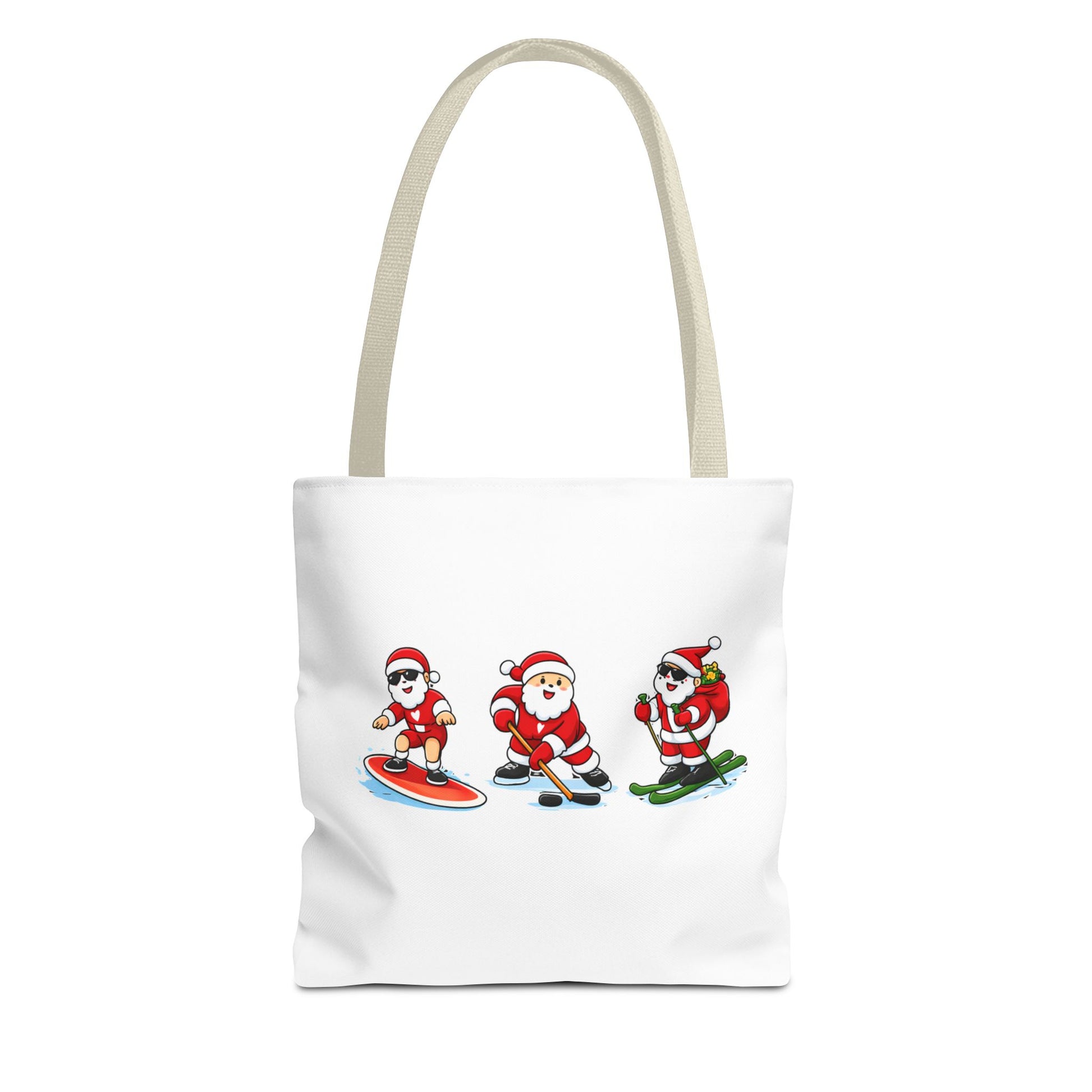 Tote bag with beige handle and cartoon Santa Claus designs on a white background