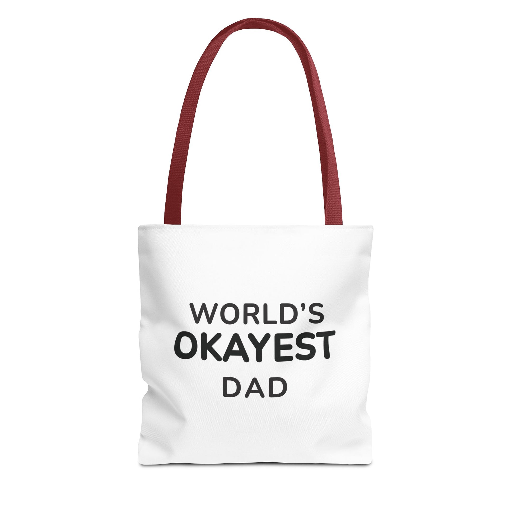 White tote bag with red handle and text 'World's Okayest Dad' on a white background