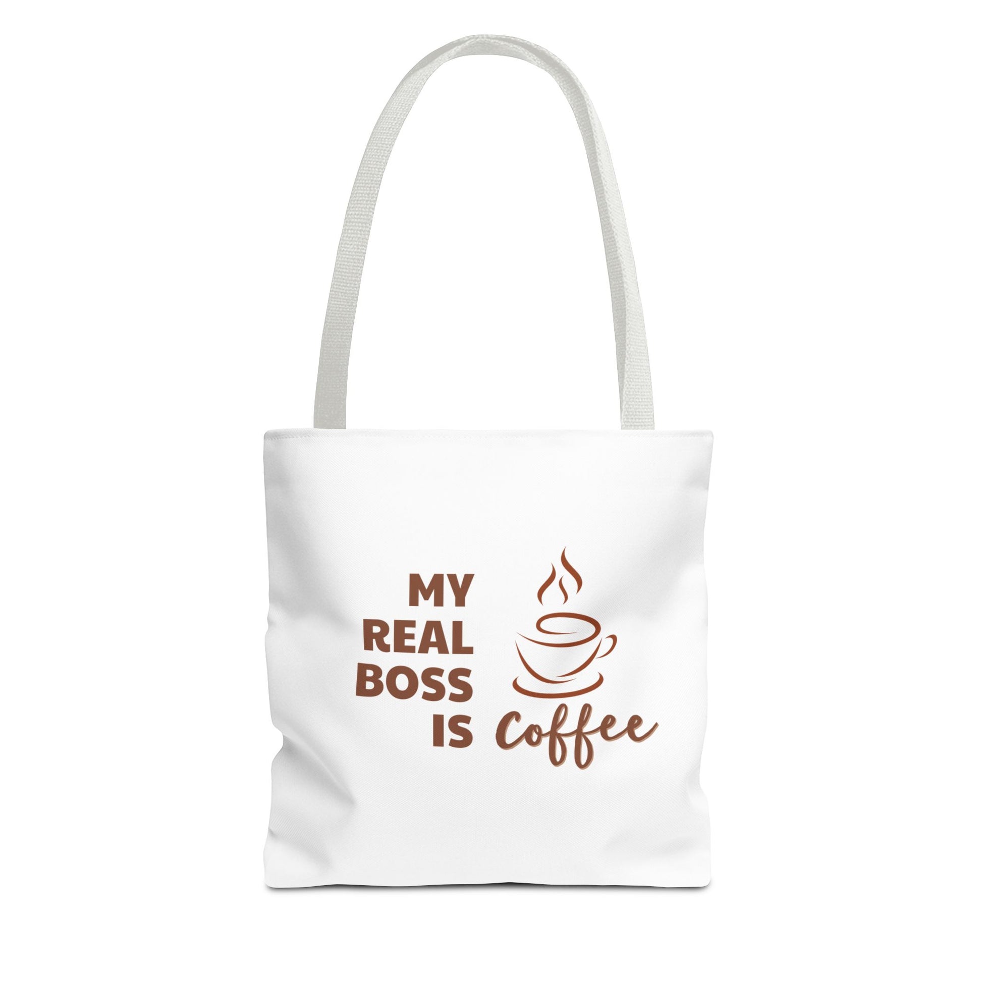 White tote bag with white handle and text 'My Real Boss is Coffee' on a white background