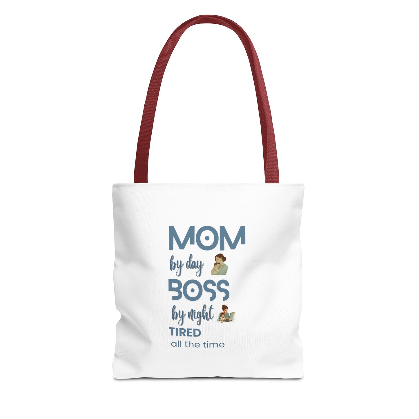Tote bag with red handle featuring the text 'Mom by day, Boss by night, Tired all the time' on a white background