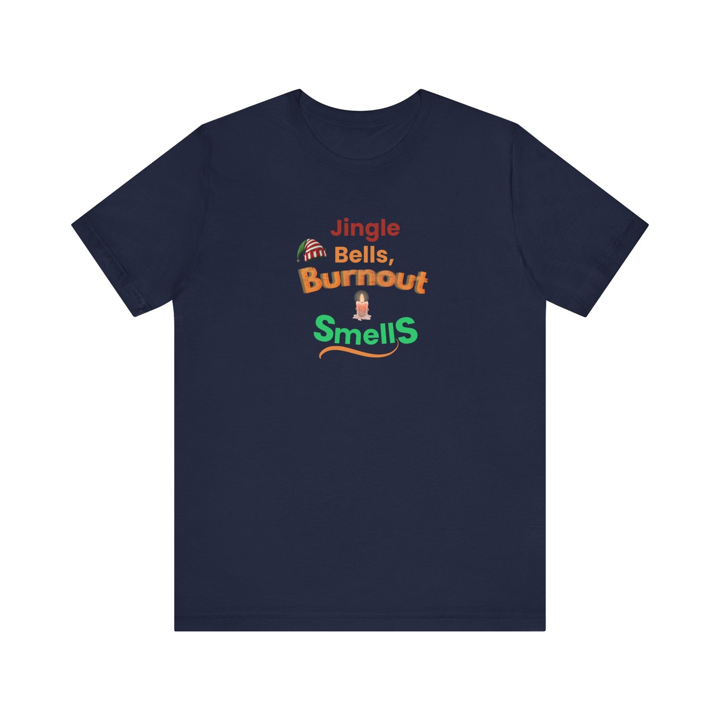 Navy blue t-shirt with colorful text 'Jingle Bells, Burnout Smells' and graphics on a white background