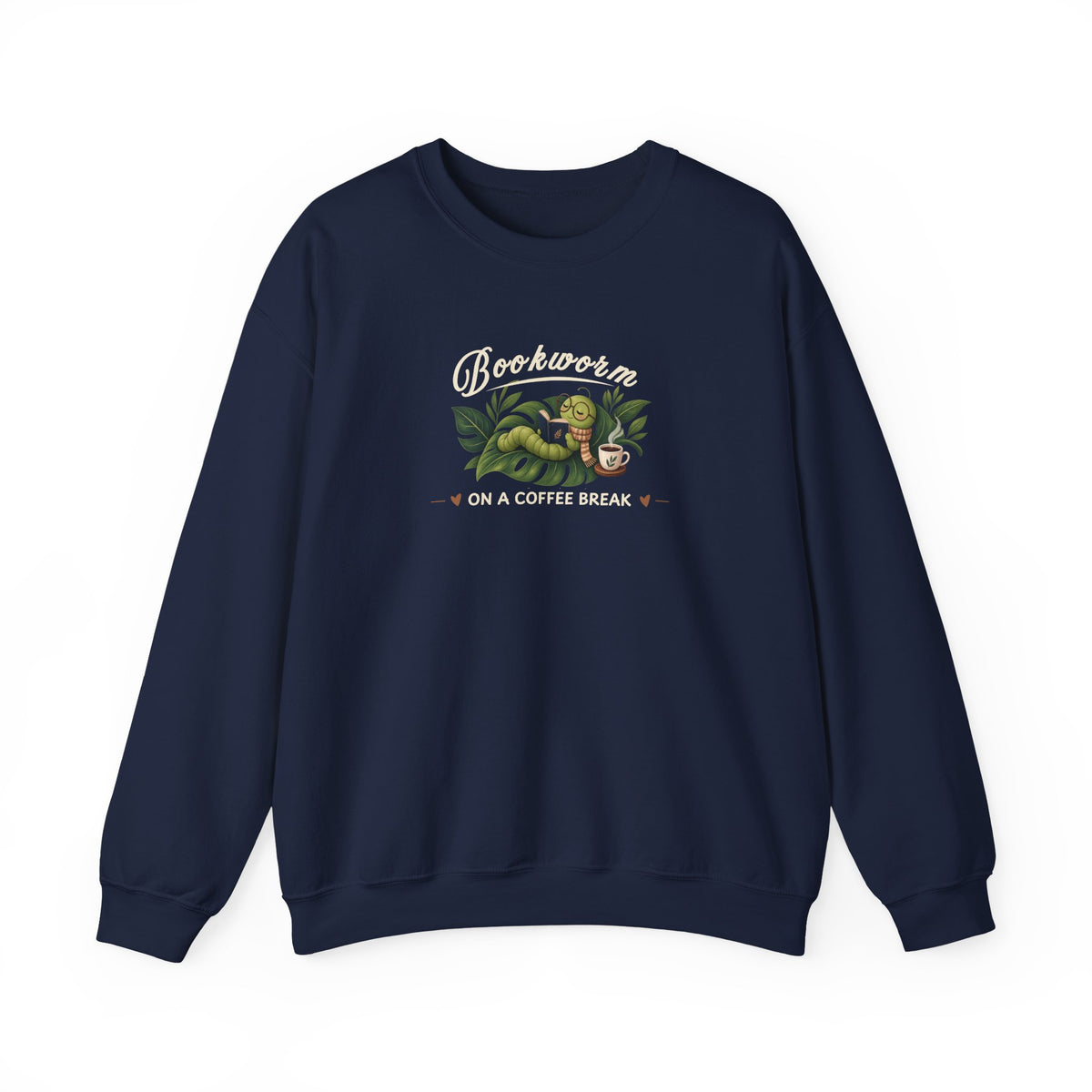 A navy sweatshirt featuring the text 'Bookworm ON A COFFEE BREAK' against on a white background.