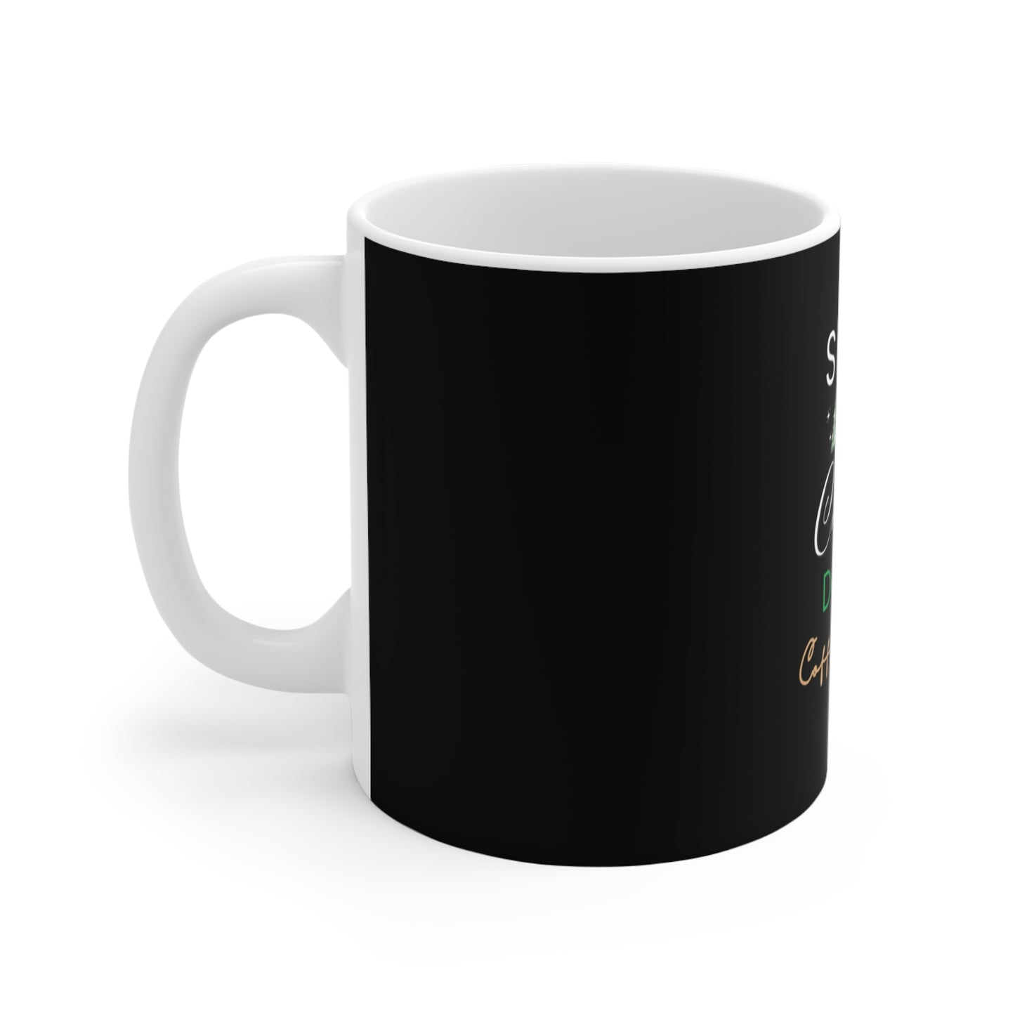 Left side view of black mug with white interior and handle on a white background