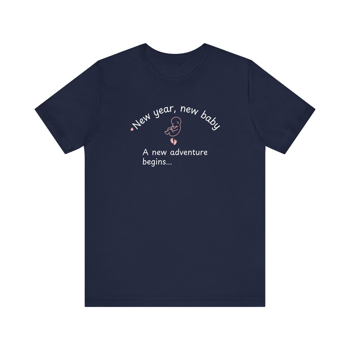 Navy t-shirt featuring the text 'New year, new baby. A new adventure begins...' on the white background