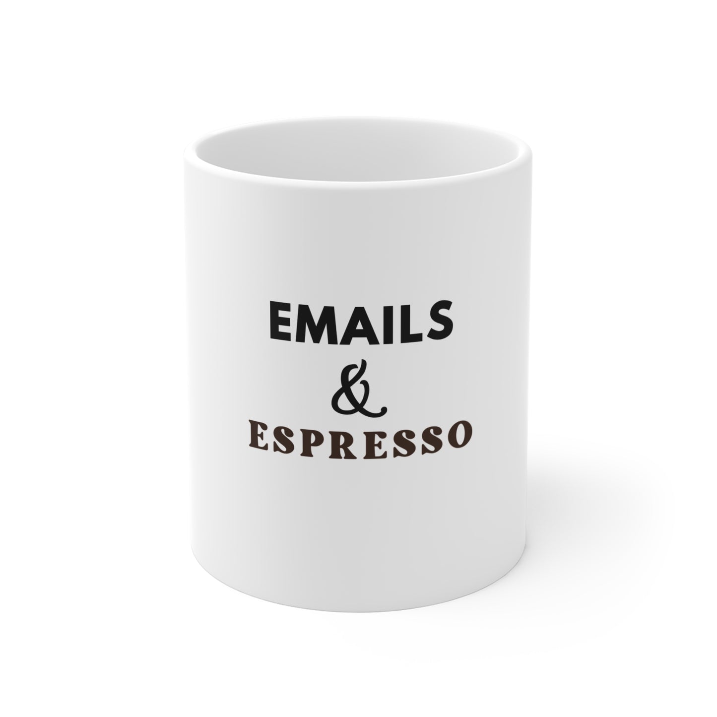 White mug with text 'EMAILS & ESPRESSO' on a white background