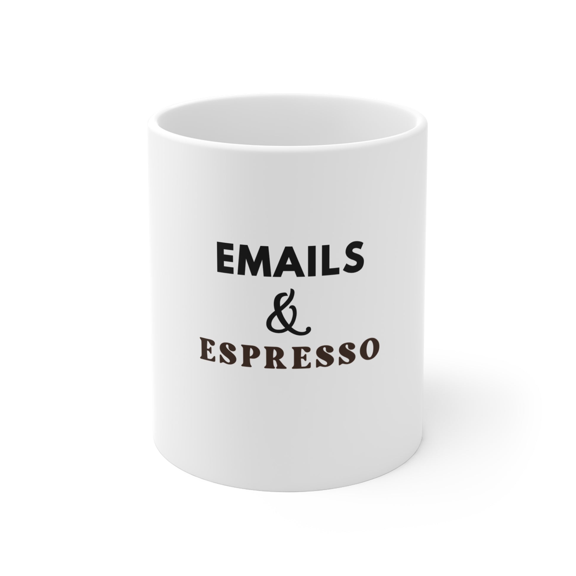 White mug with text 'EMAILS & ESPRESSO' on a white background