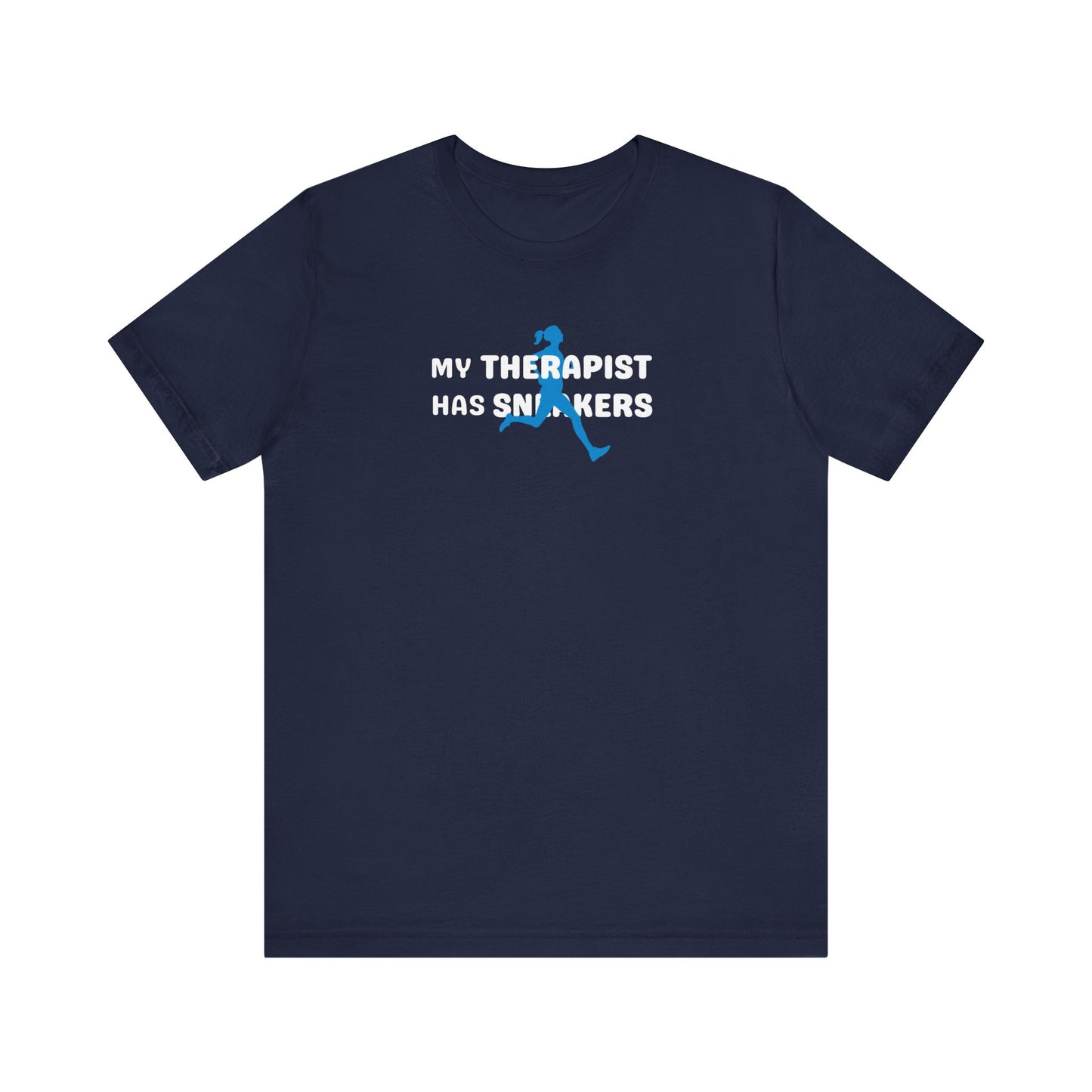 Navy blue t-shirt with text 'My Therapist Has Sneakers' on a white background