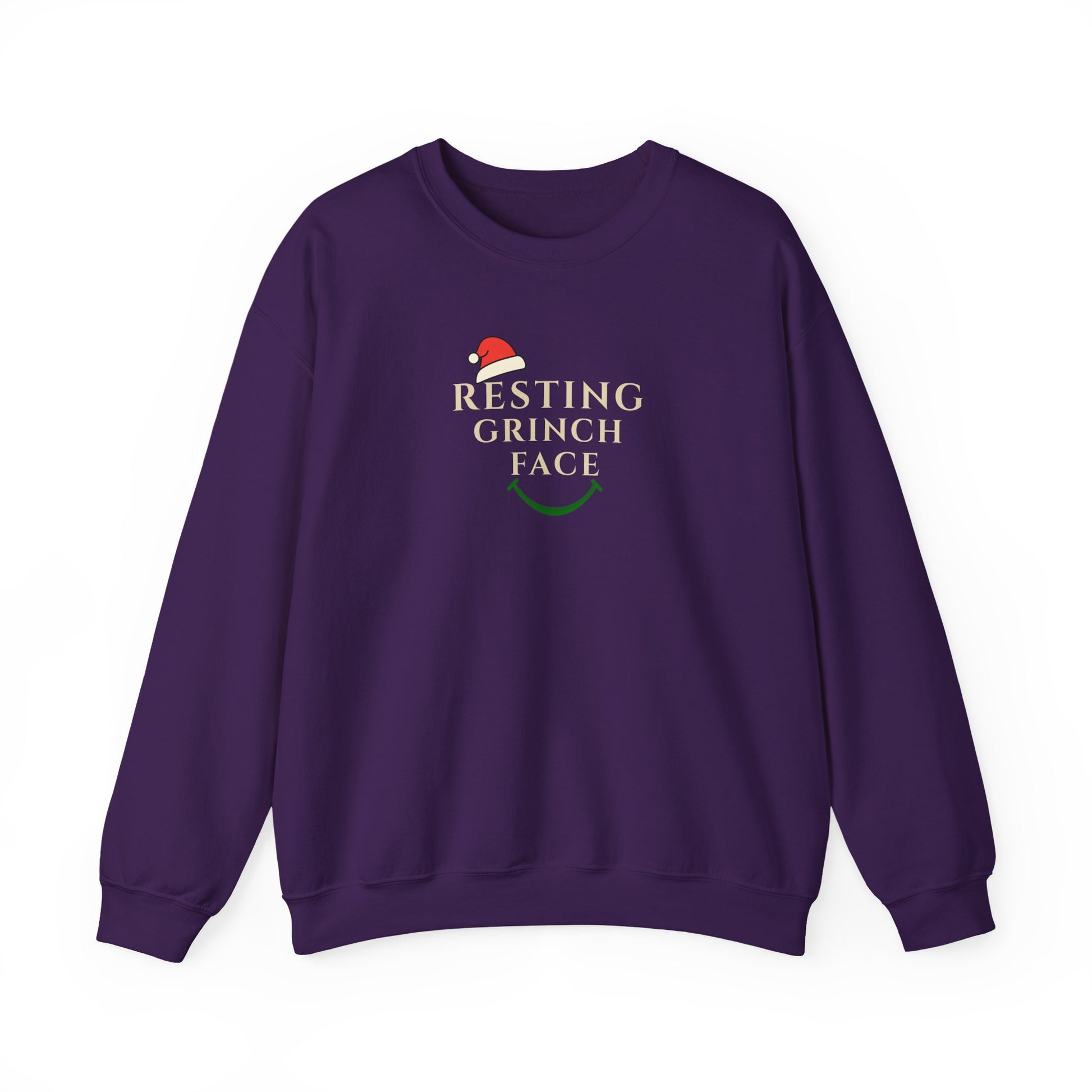 Purple sweatshirt with 'Resting Grinch Face' text and graphic on a white background