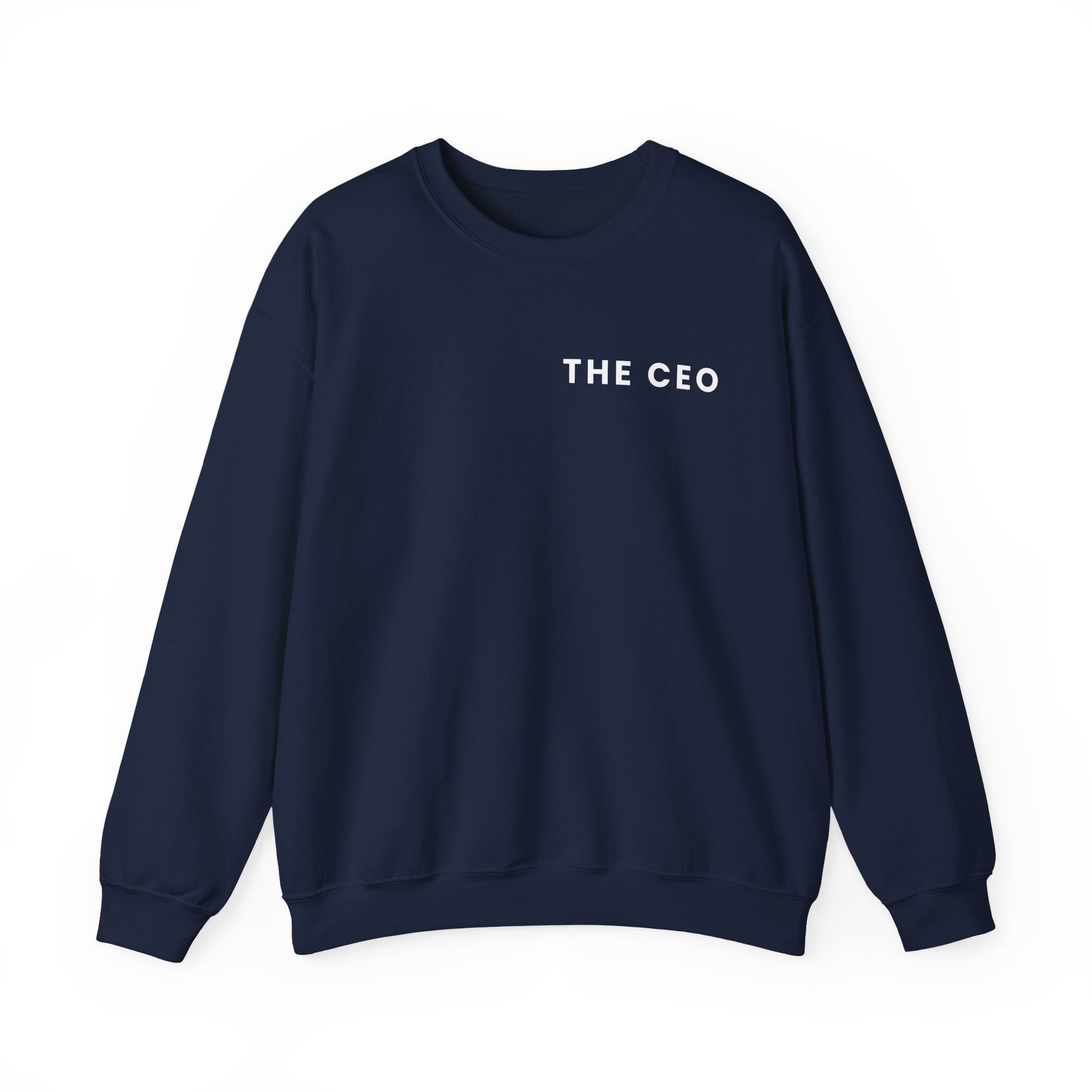Navy blue sweatshirt with 'THE CEO' text on a white background