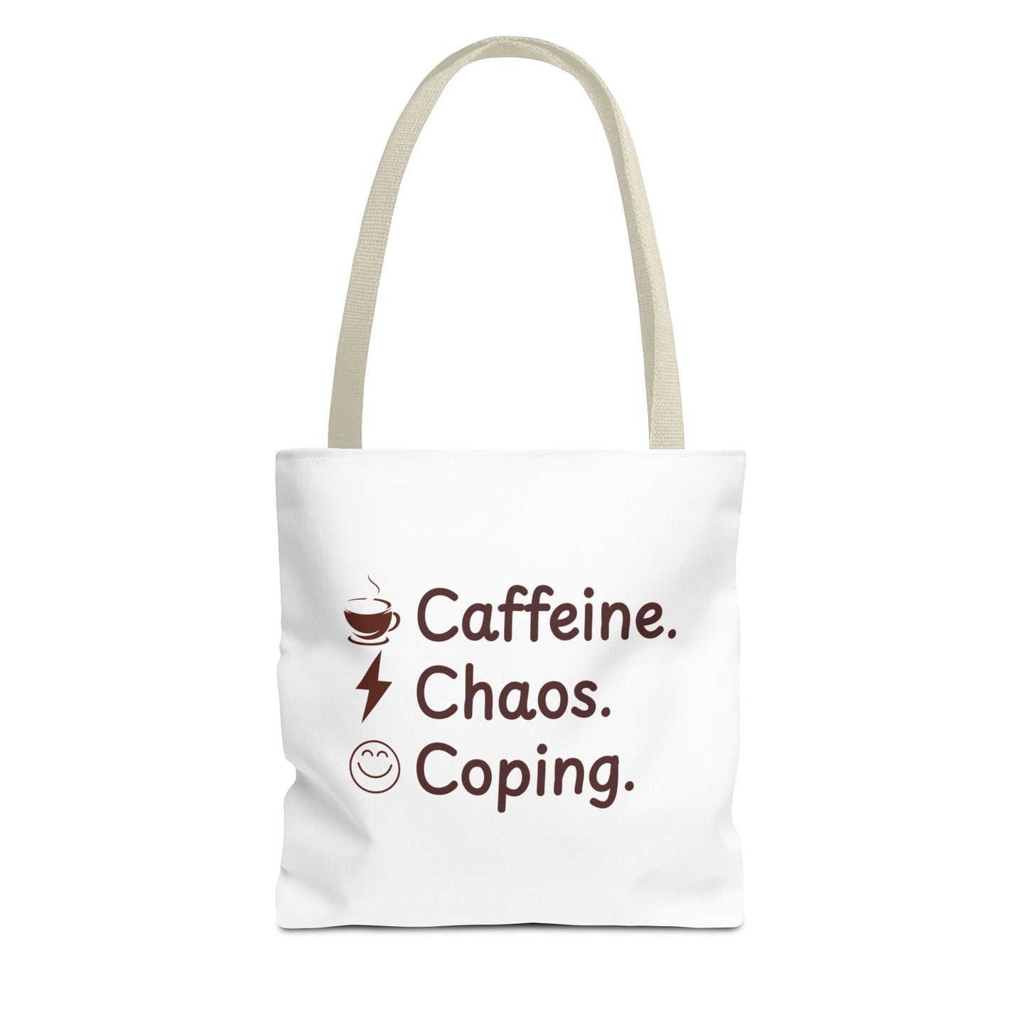 White tote bag with beige handle and text 'Caffeine. Chaos. Coping.' on a white background