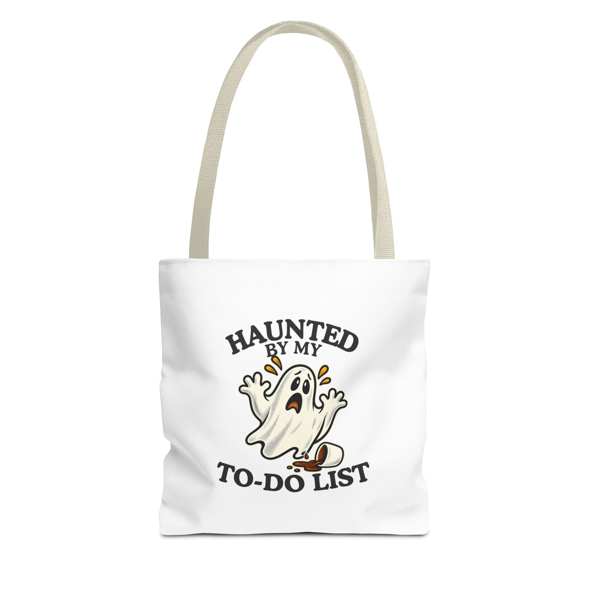 A white tote bag with beige handles featuring a “Haunted by My To-Do List” funny ghost