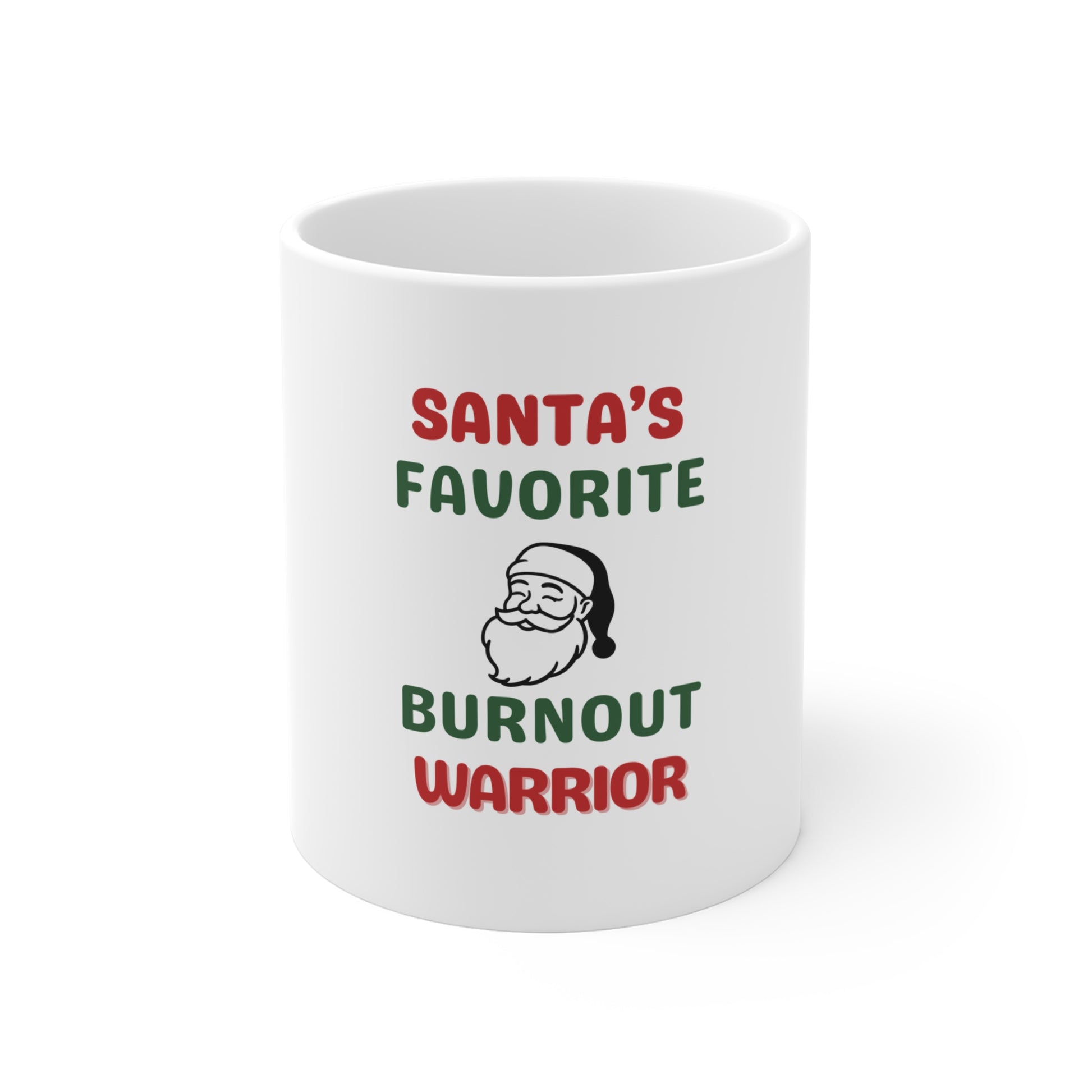 White mug with 'Santa's Favorite Burnout Warrior' text and Santa Claus illustration on a white background