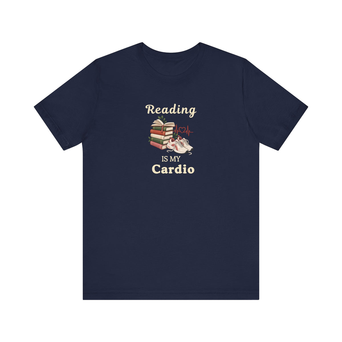 A navy t-shirt featuring the text 'Reading Is My Cardio' against on a white background