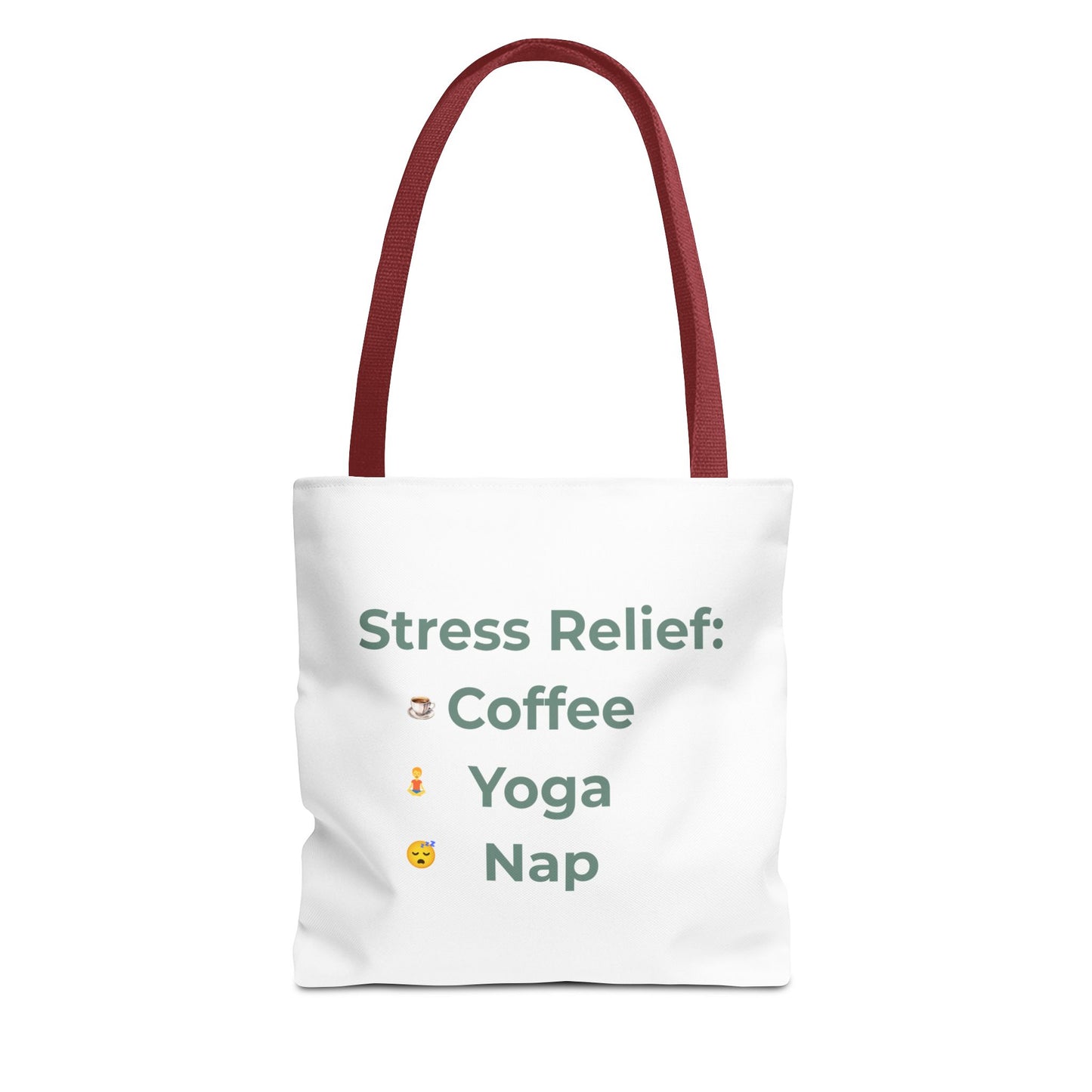 Tote bag with red handle with 'Stress Relief: Coffee Yoga Nap' text and icons on a white background