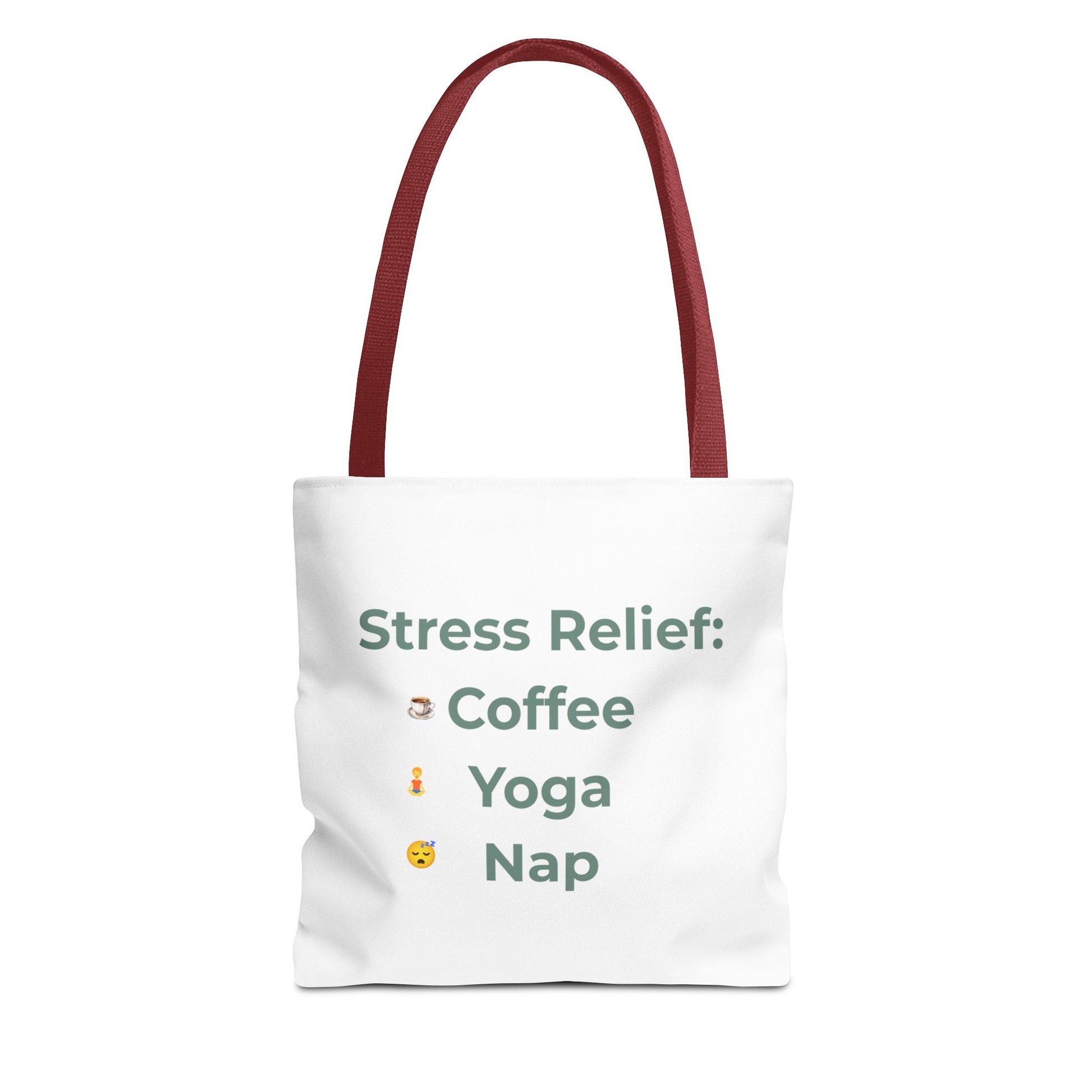 Tote bag with red handle with 'Stress Relief: Coffee Yoga Nap' text and icons on a white background