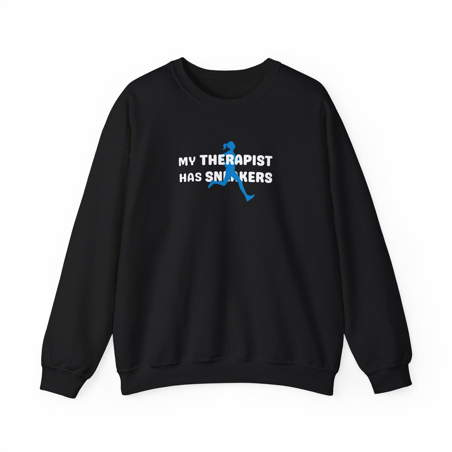Black sweatshirt with 'My Therapist Has Sneakers' text and graphic on a white background
