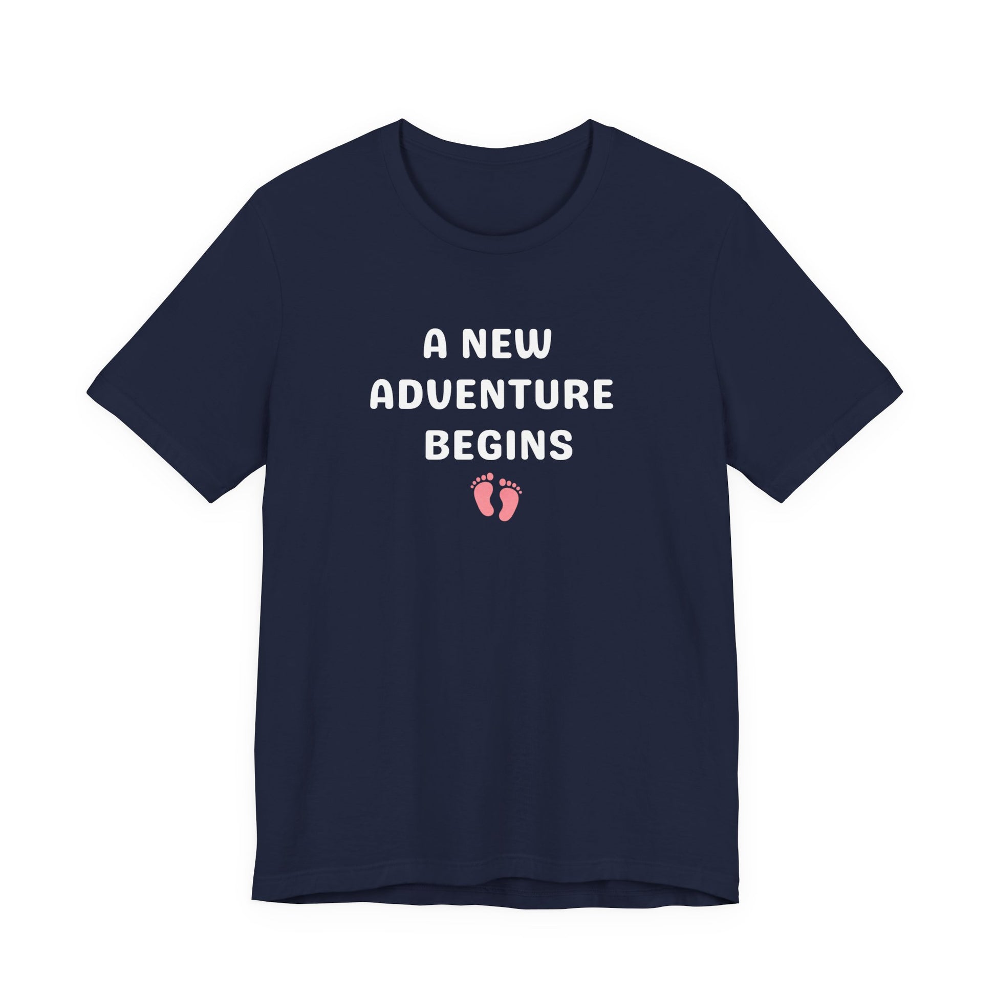 Navy blue t-shirt with 'A New Adventure Begins' text and footprints on a white background