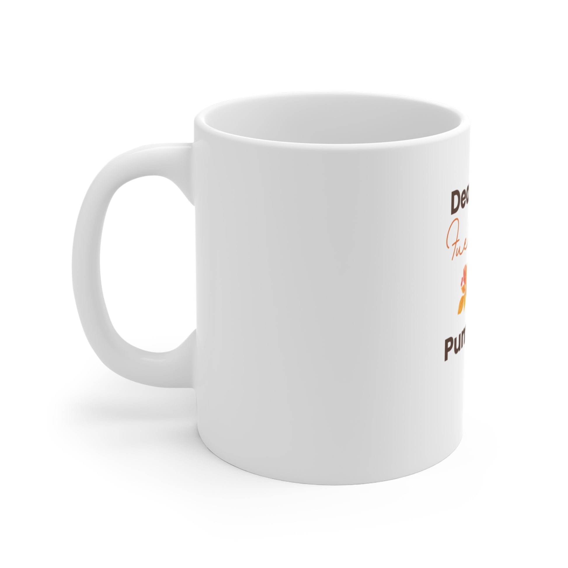 Left side view of white mug with text and a logo on a white background