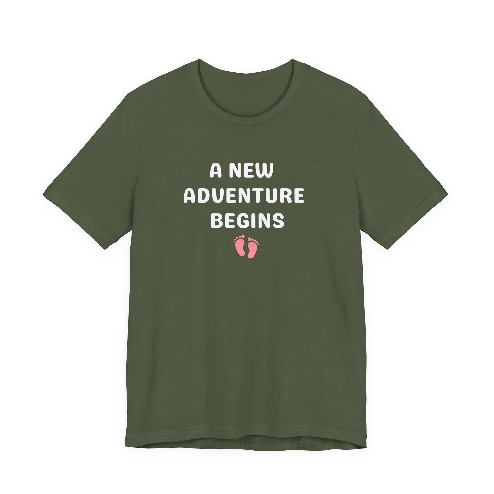Green t-shirt with 'A New Adventure Begins' text and footprints on a white background