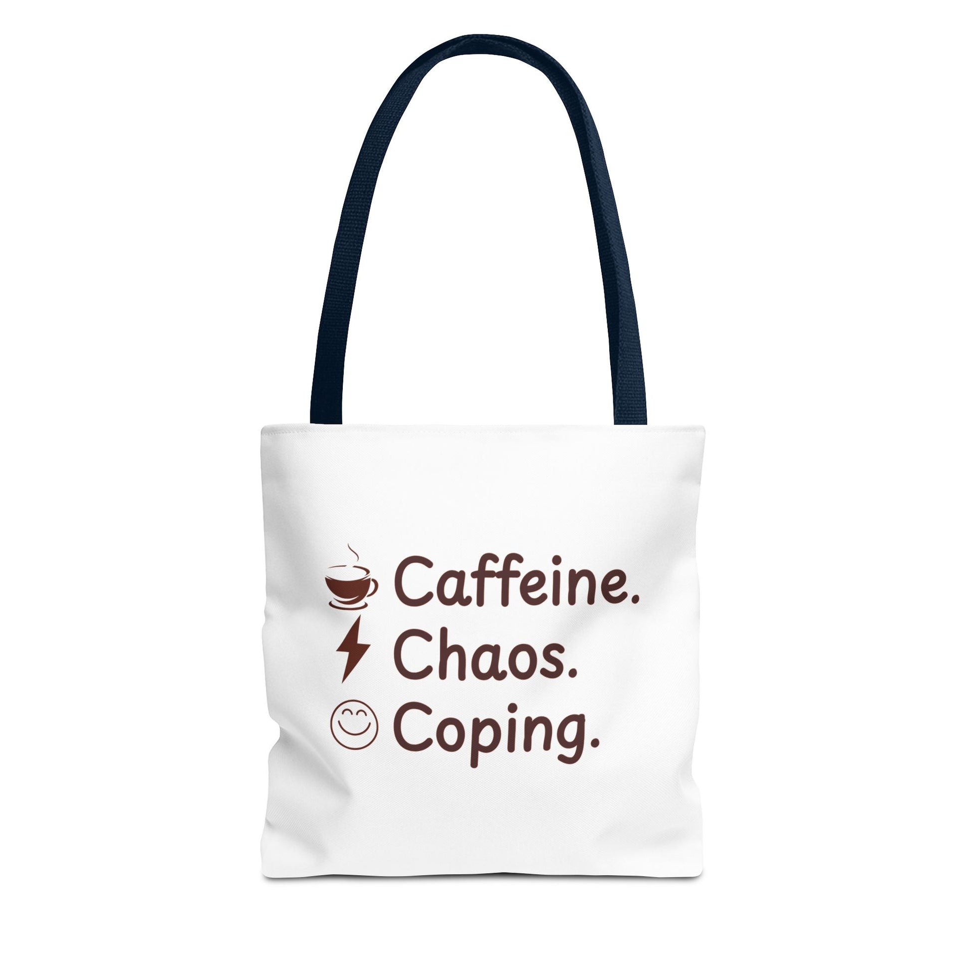 White tote bag with navy handle and text 'Caffeine. Chaos. Coping.' on a white background