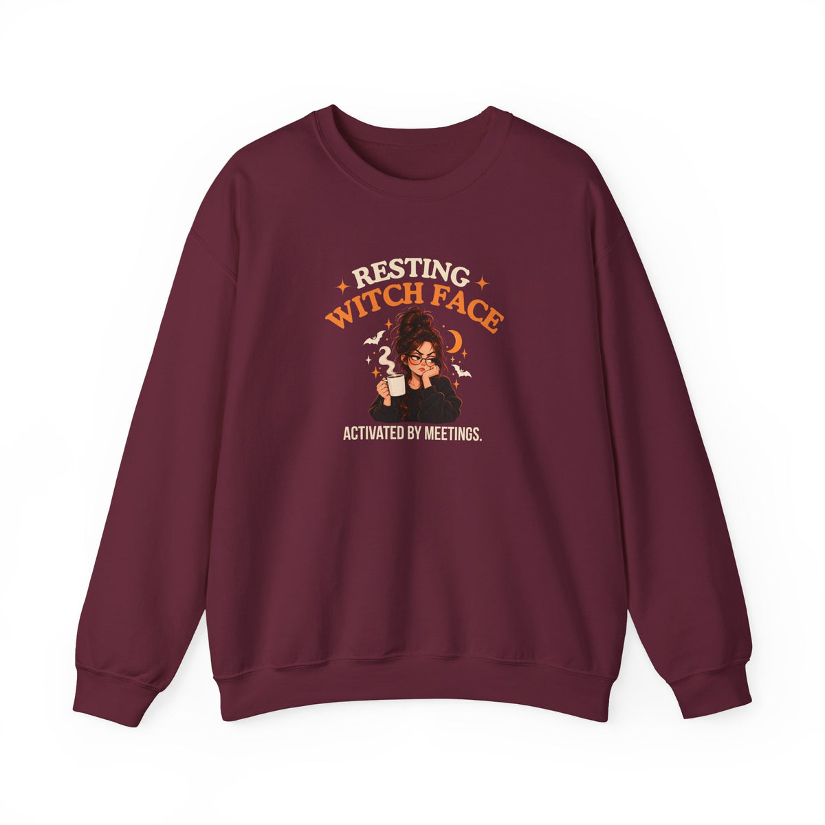 A maroon sweatshirt featuring the text 'Resting Witch Face. Activated by Meetings.' with a woman's face on a white background