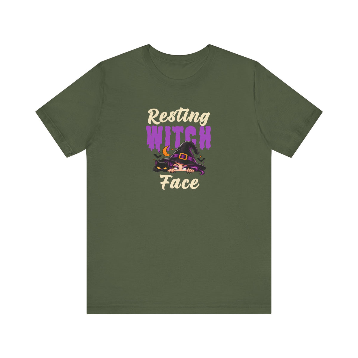 A military green t-shirt with a graphic on the chest that reads 'Resting WITCH Face' in beige and purple lettering, featuring a witch hat illustration.