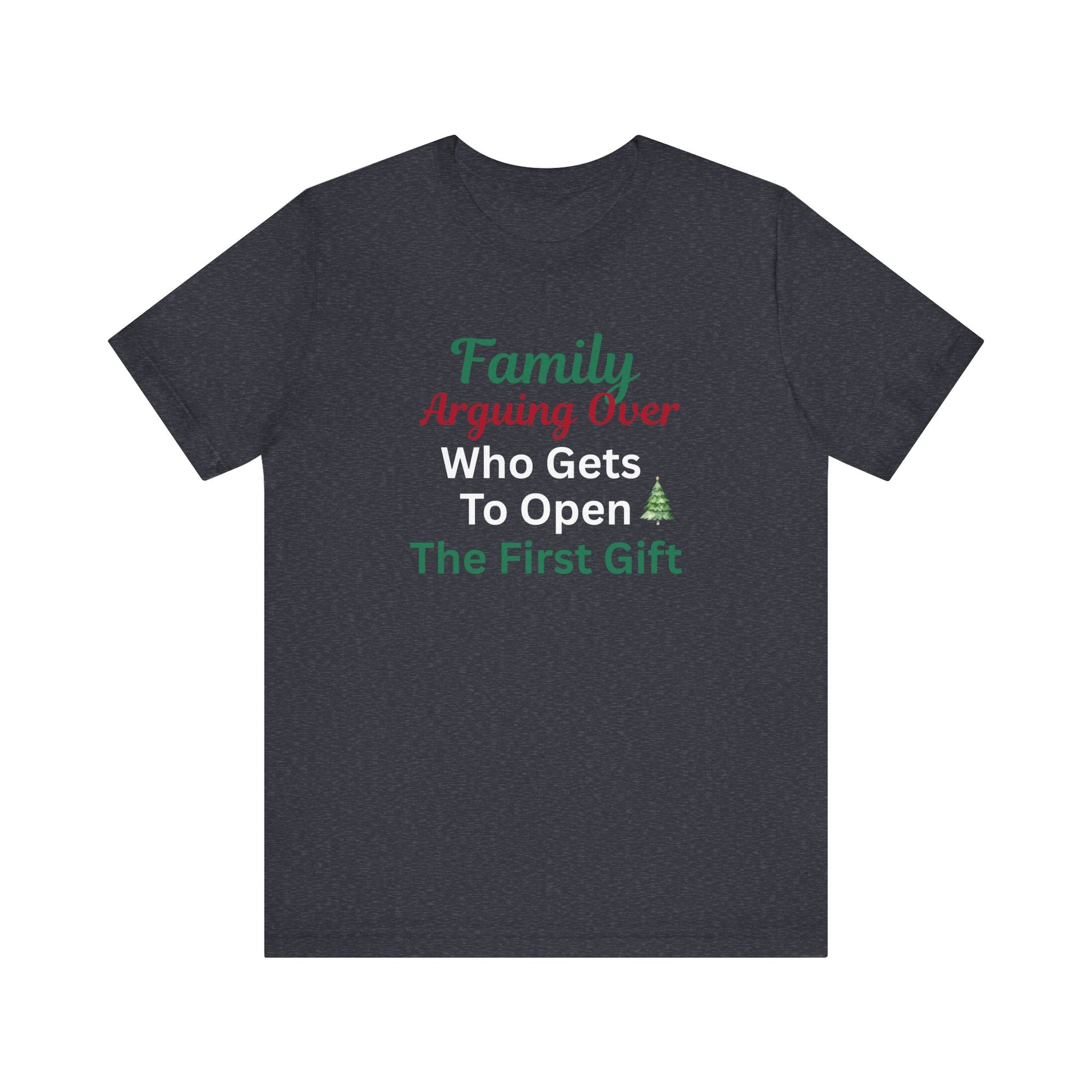 Dark gray t-shirt with humorous Christmas text design on a white background