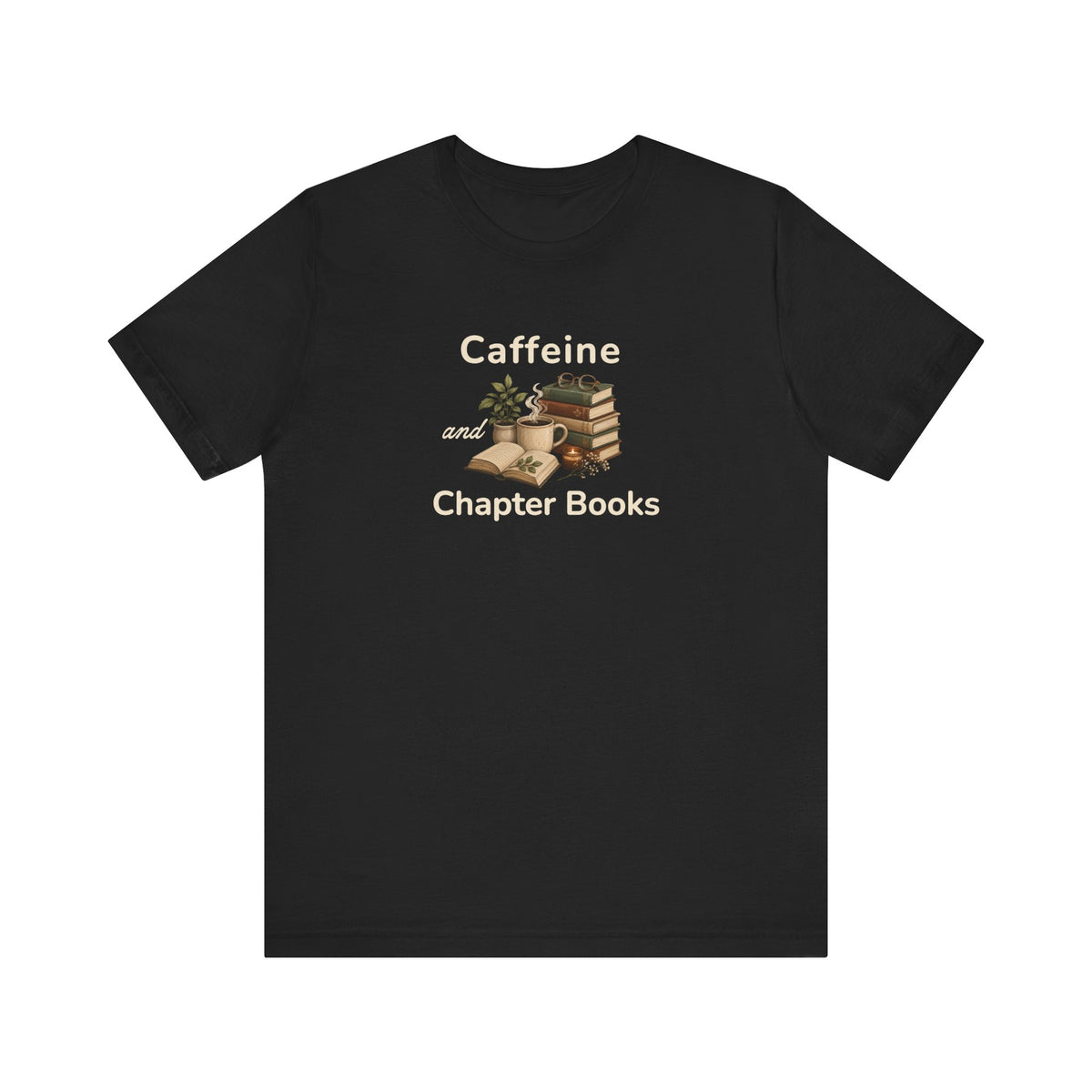 A black t-shirt with a 'Caffeine and Chapter Books' design on the white background