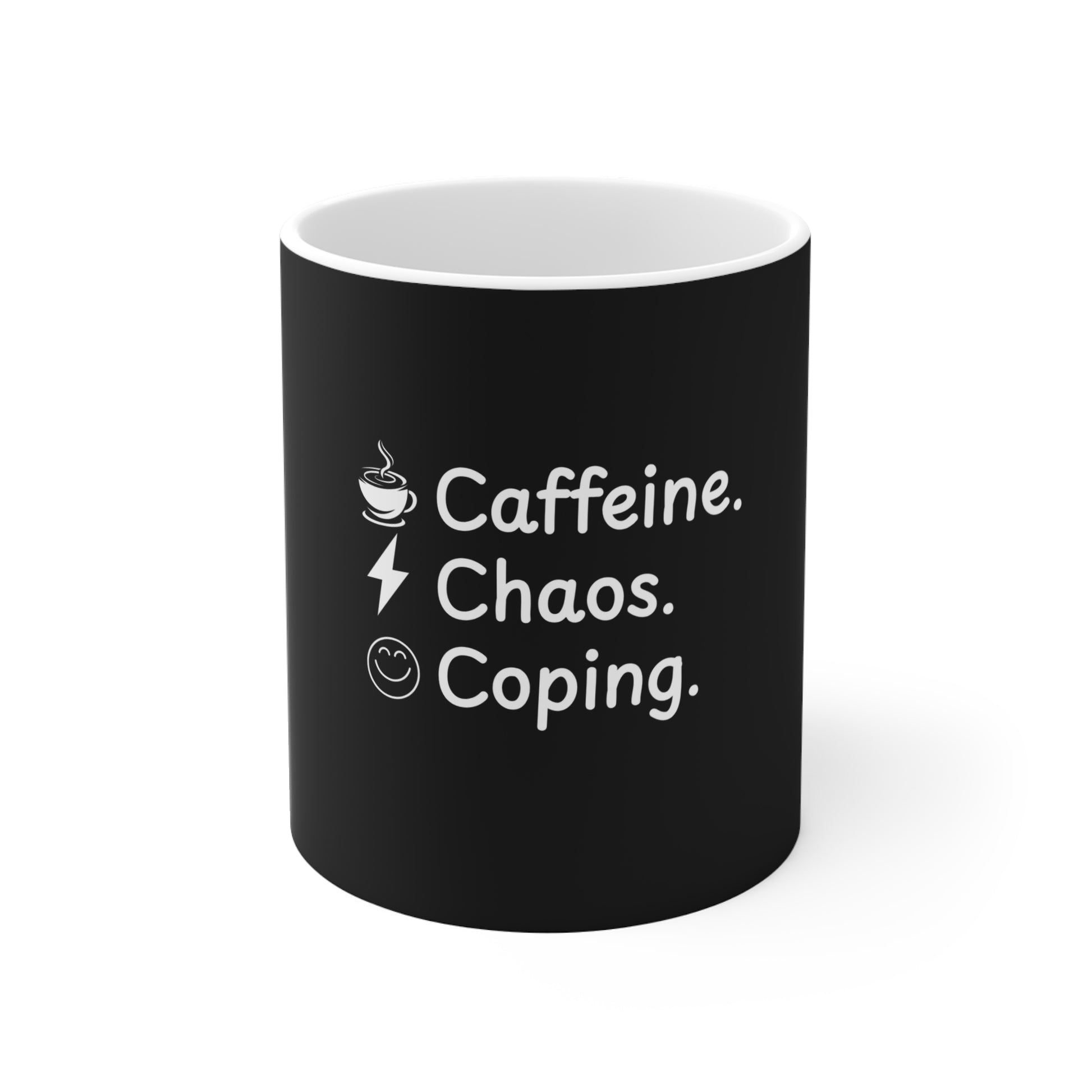 Black mug with white text 'Caffeine, Chaos & Coping' and icons on a white background