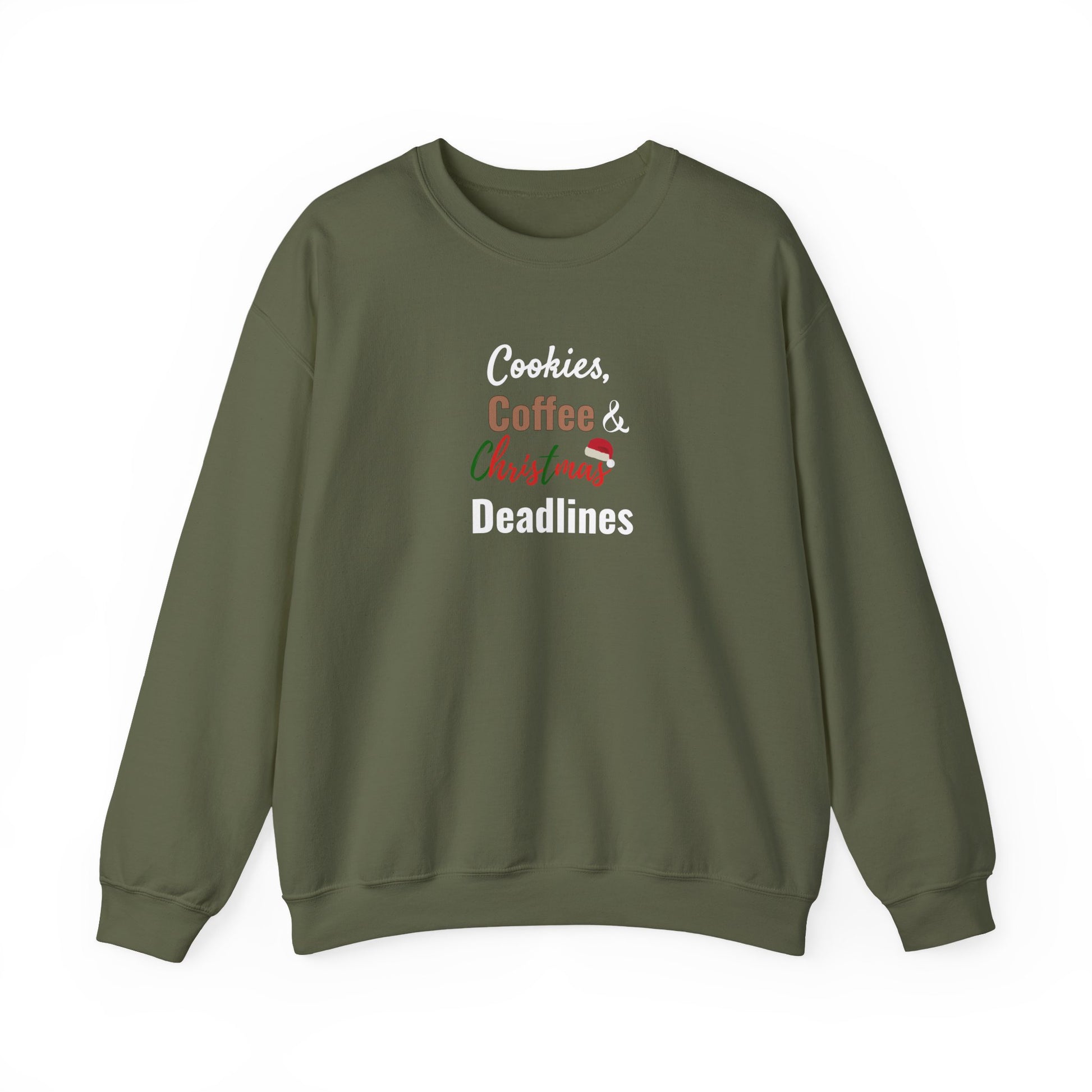 Green sweatshirt with text 'Cookies, Coffee & Christmas Deadlines' on a white background