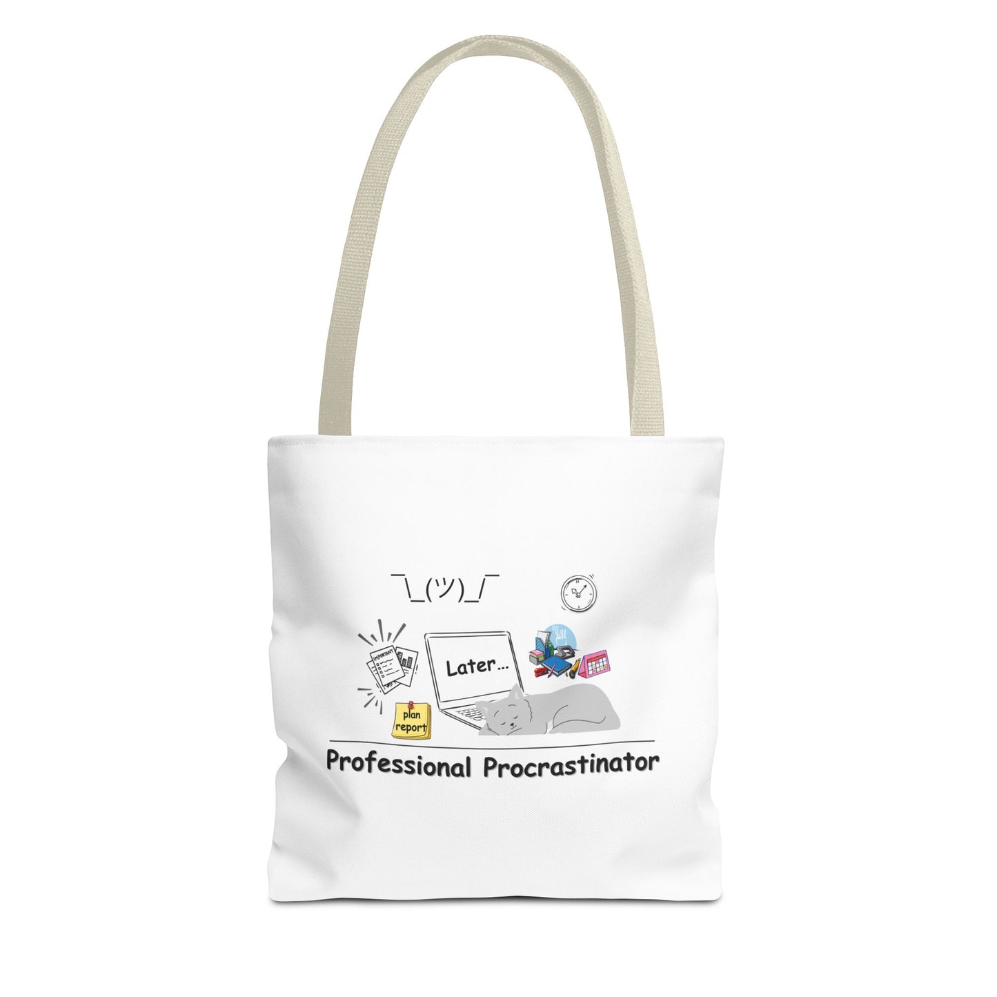 Professional procrastination tote bag design with beige handle
