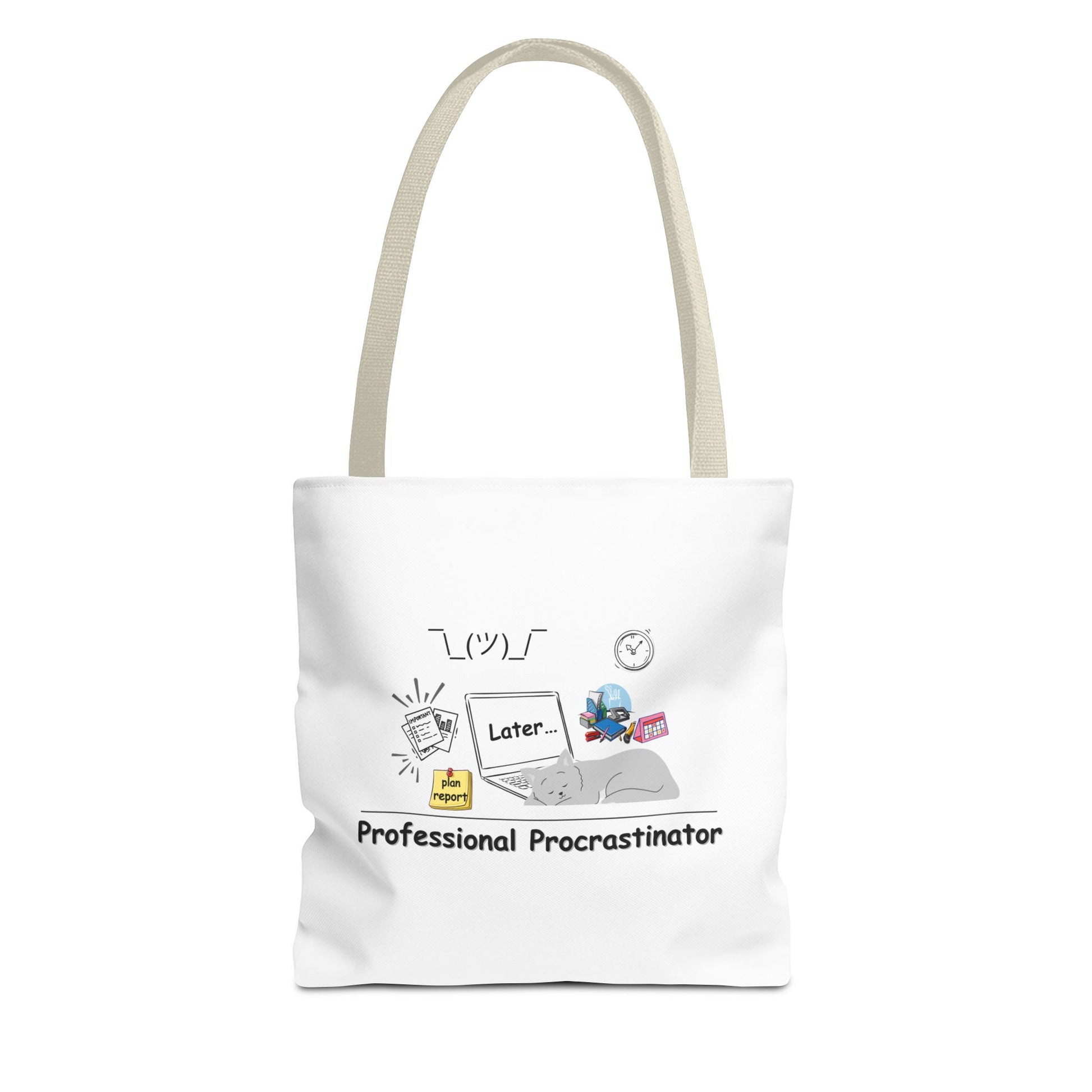 Professional procrastination tote bag design with beige handle