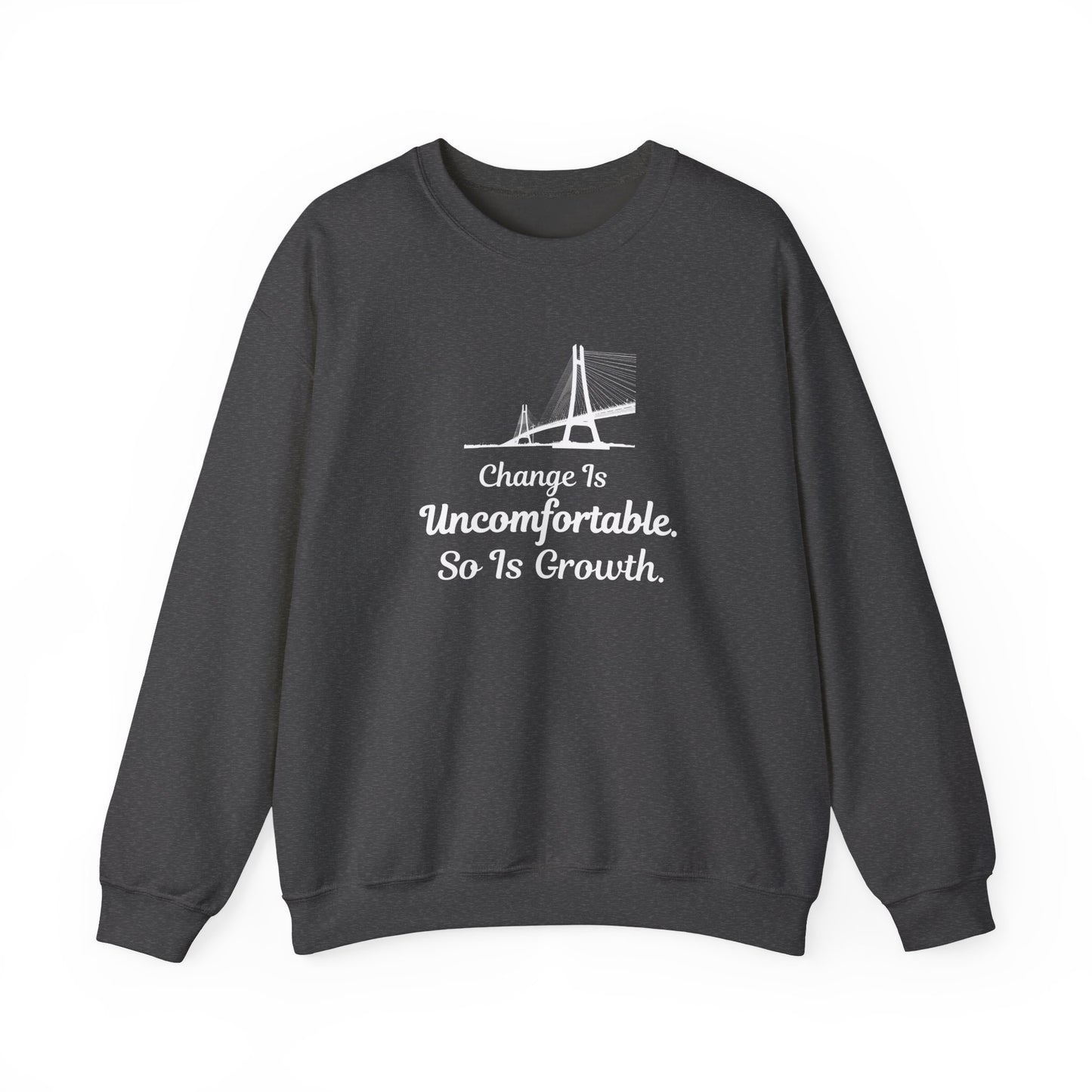 Dark gray sweatshirt with motivational quote and graphic on a white background