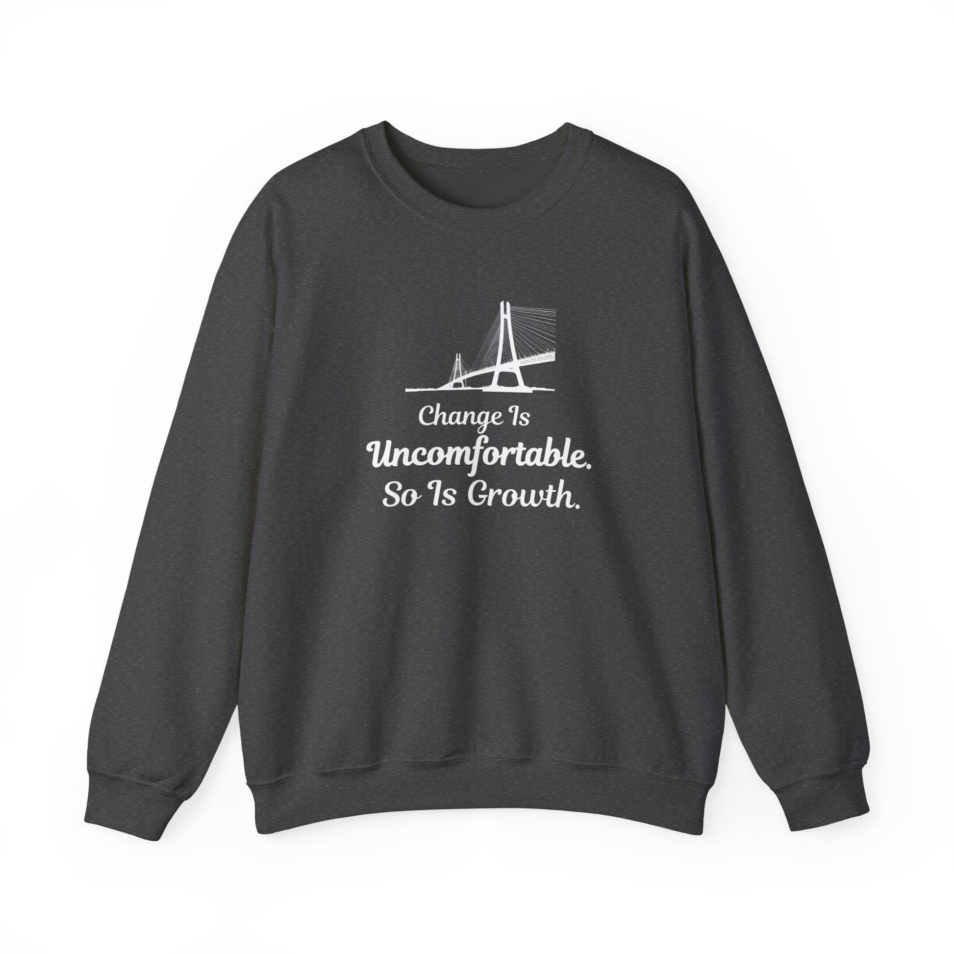 Dark gray sweatshirt with motivational quote and graphic on a white background